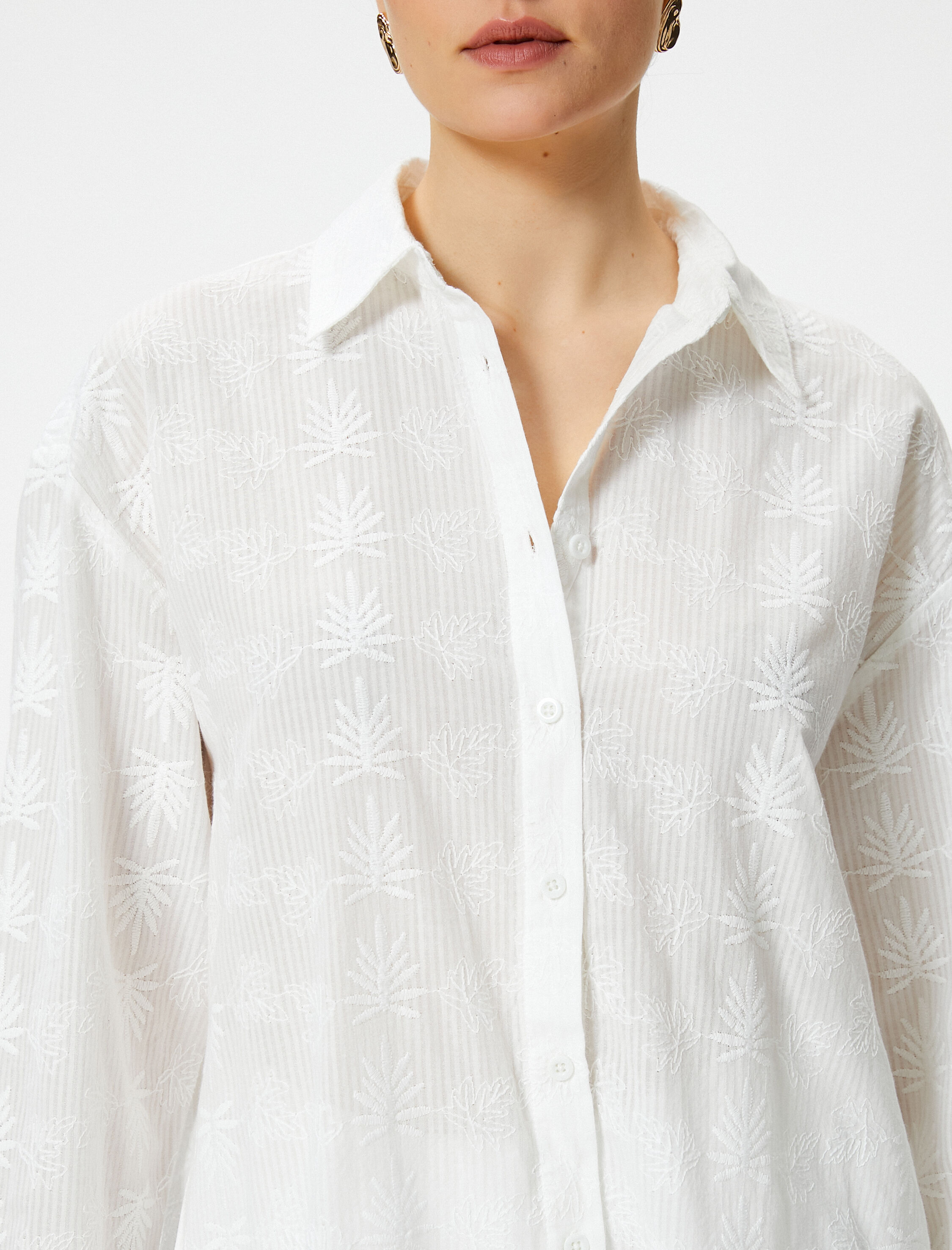   Oversize Gömlek Nakışlı Pamuklu Uzun Kollu Fistolu