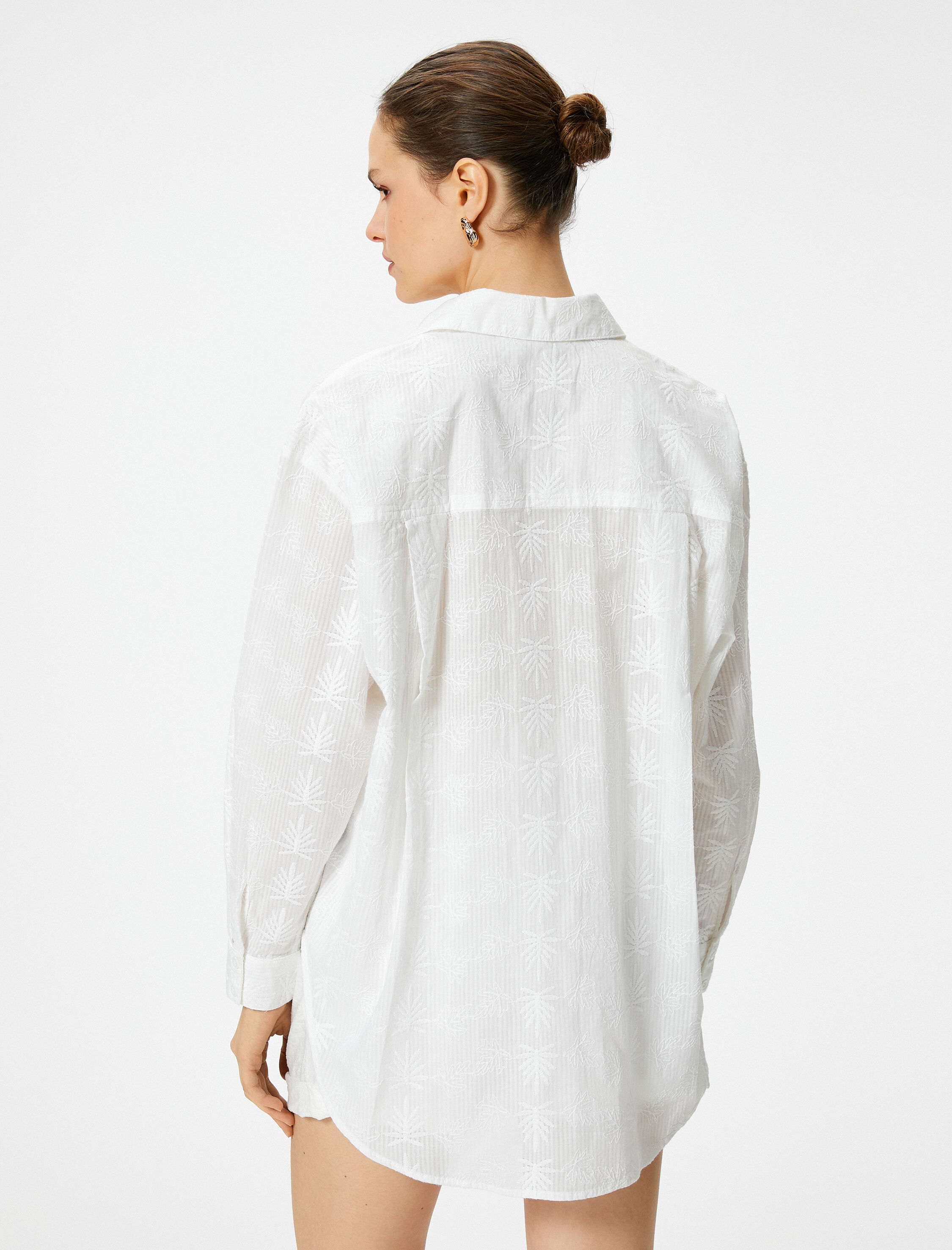   Oversize Gömlek Nakışlı Pamuklu Uzun Kollu Fistolu