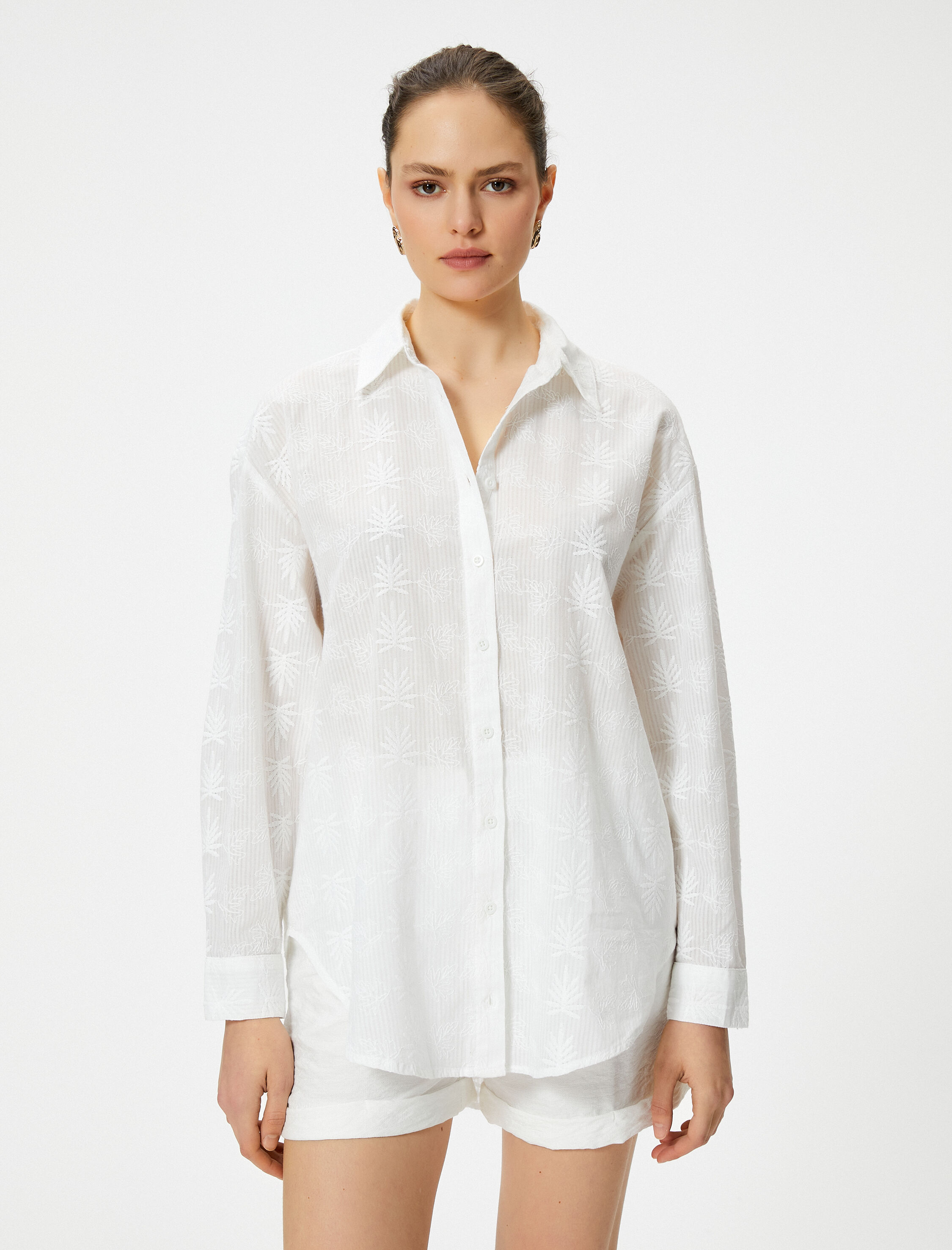   Oversize Gömlek Nakışlı Pamuklu Uzun Kollu Fistolu