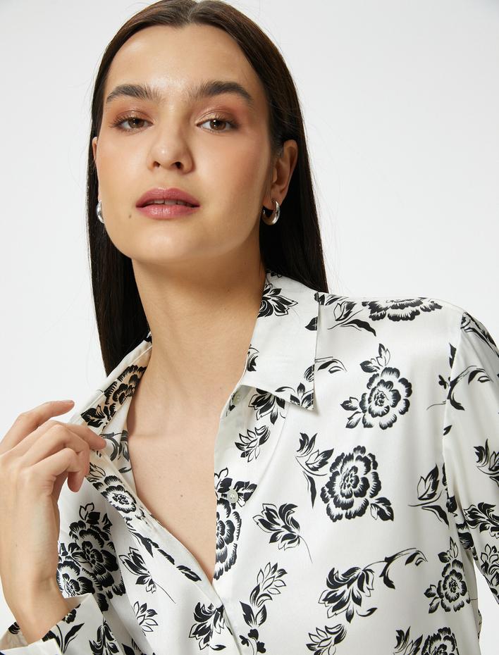  Saten Uzun Tunik Çiçekli Düğmeli