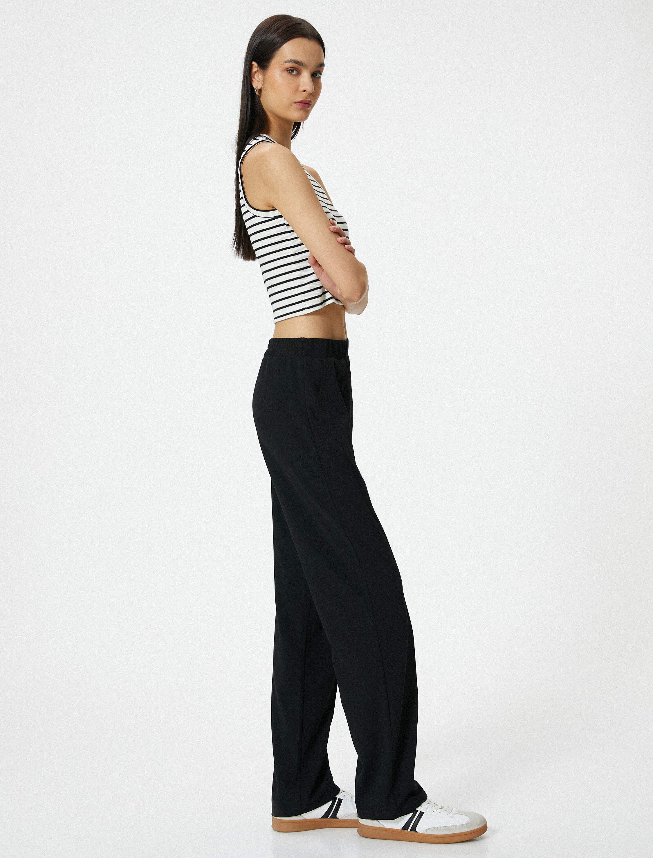   Beli Lastikli Pantolon Düz Paça Rahat Kesim Nervürlü