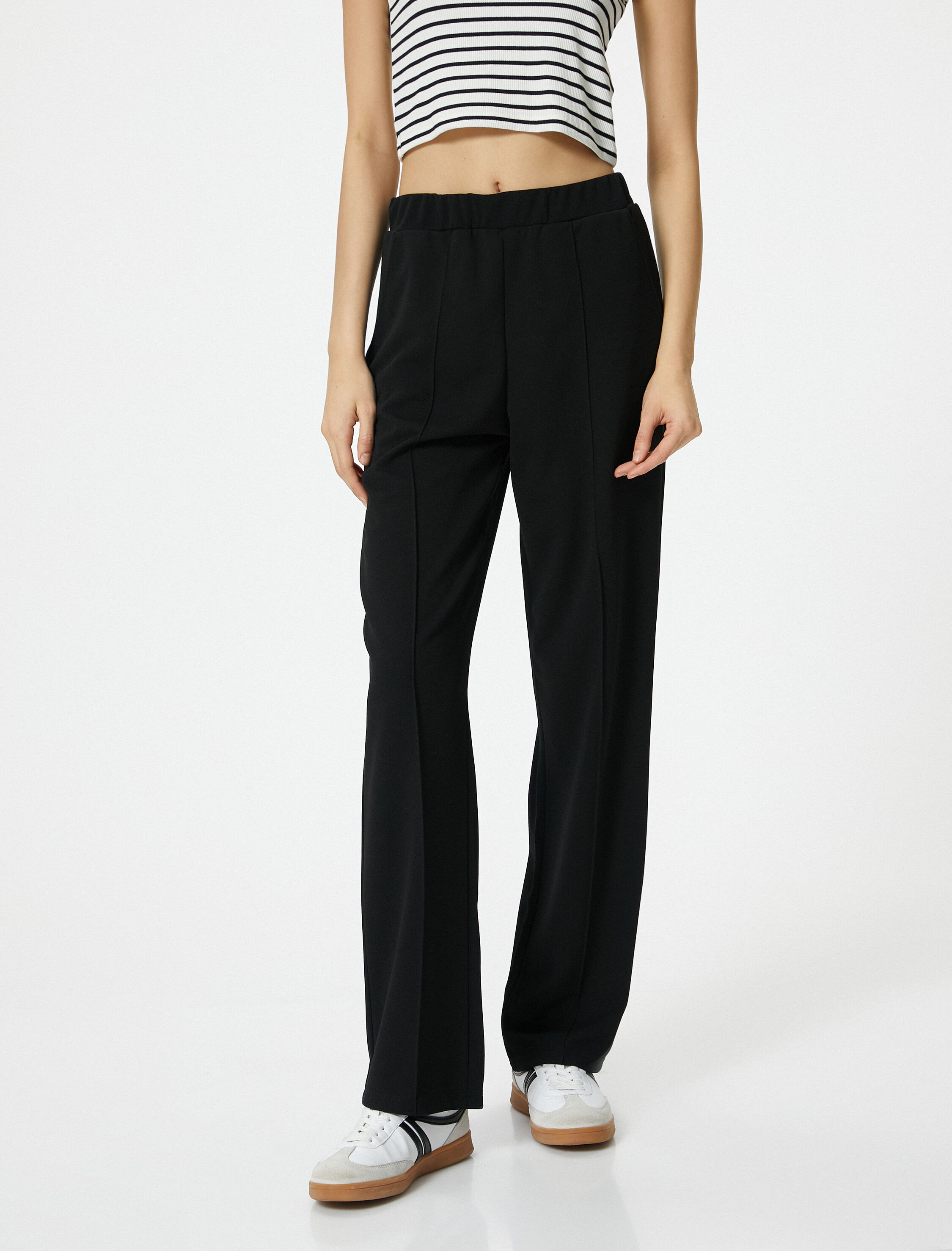   Beli Lastikli Pantolon Düz Paça Rahat Kesim Nervürlü