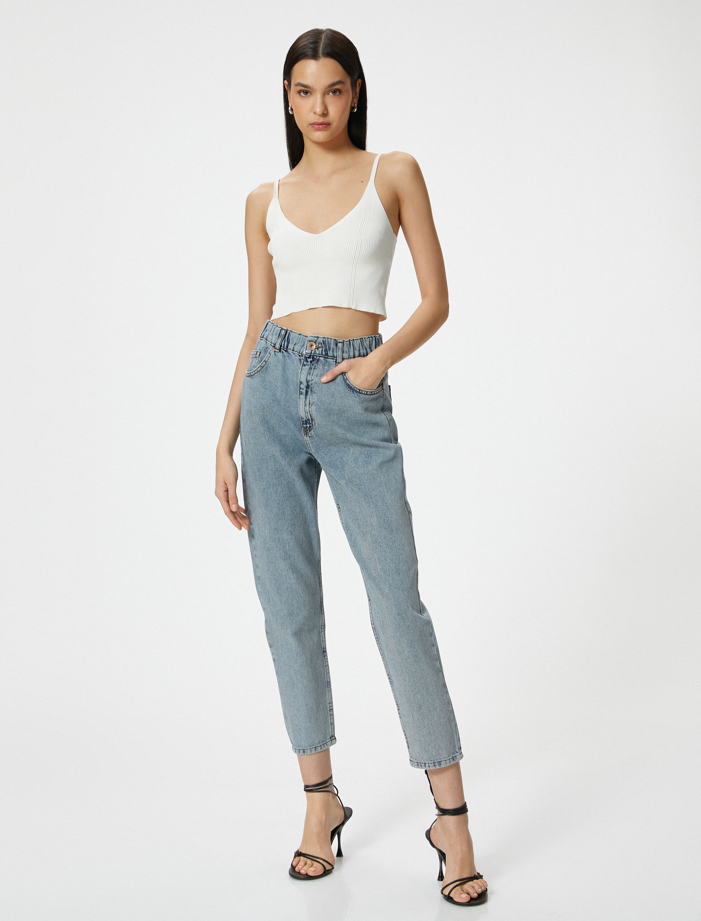   Beli Lastikli Mom Fit Jean Rahat Kesim Pamuklu Cepli - Mom Jeans