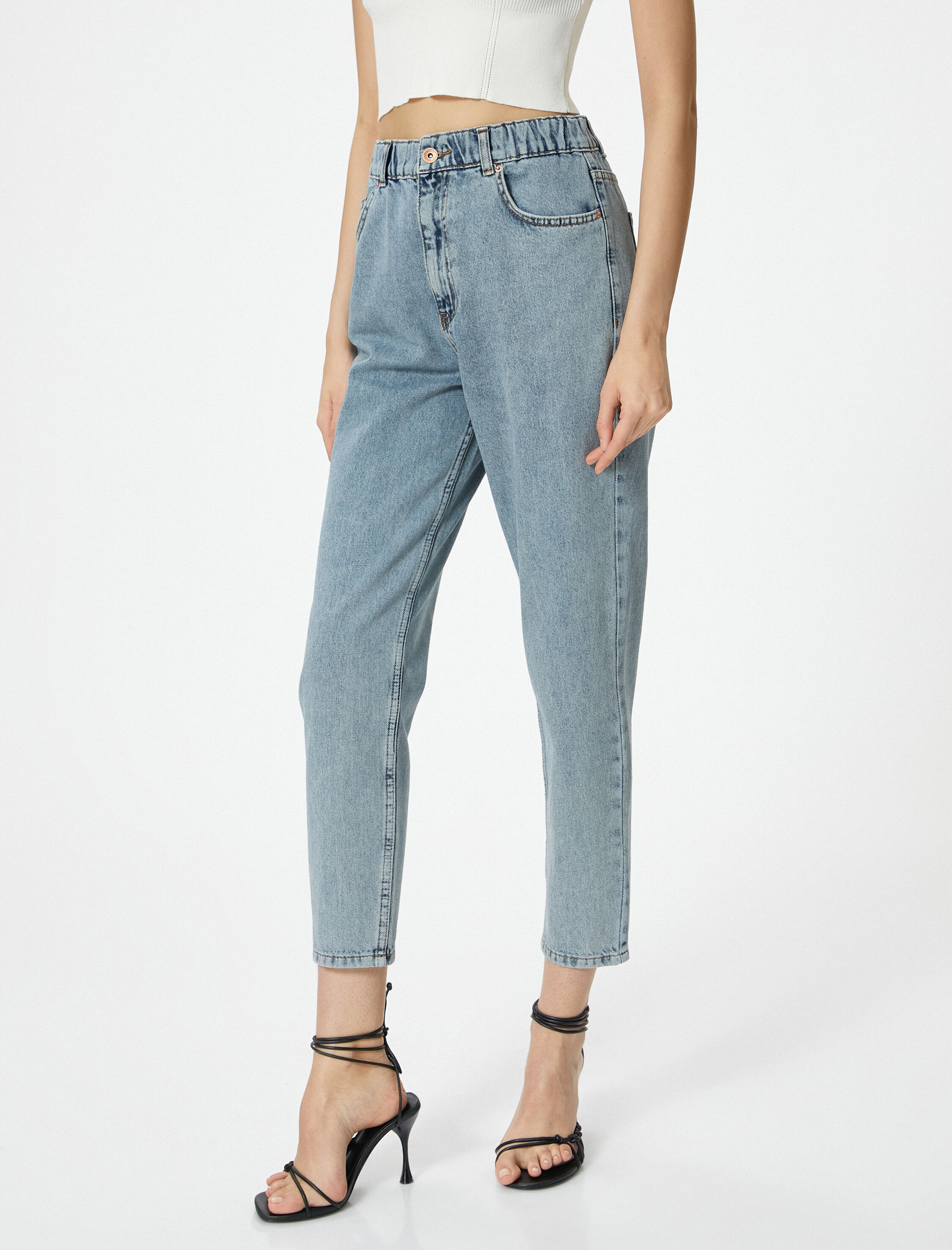  Beli Lastikli Mom Fit Jean Rahat Kesim Pamuklu Cepli - Mom Jeans