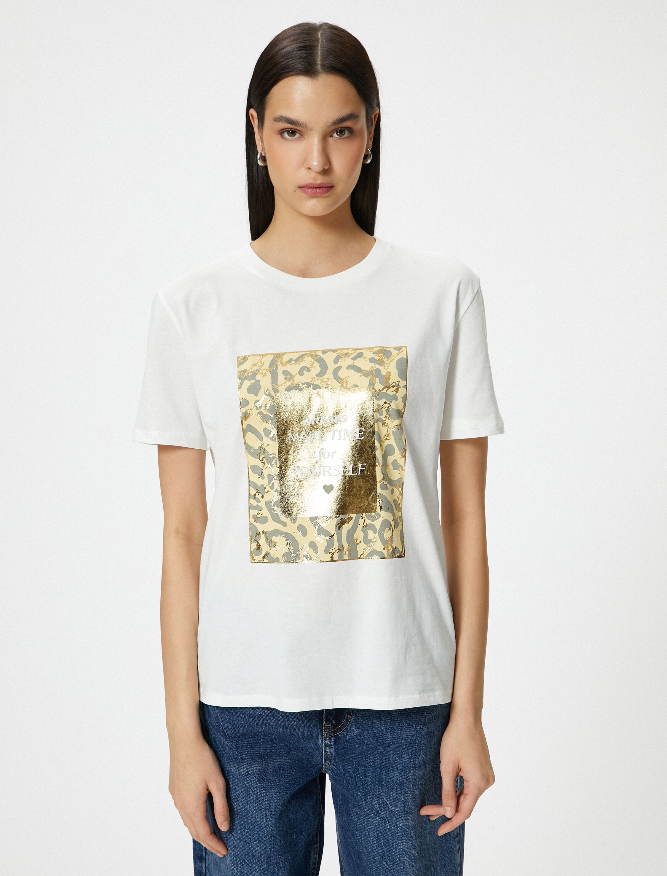   Leopar Baskılı Tişört Kısa Kollu Bisiklet Yaka Pamuklu