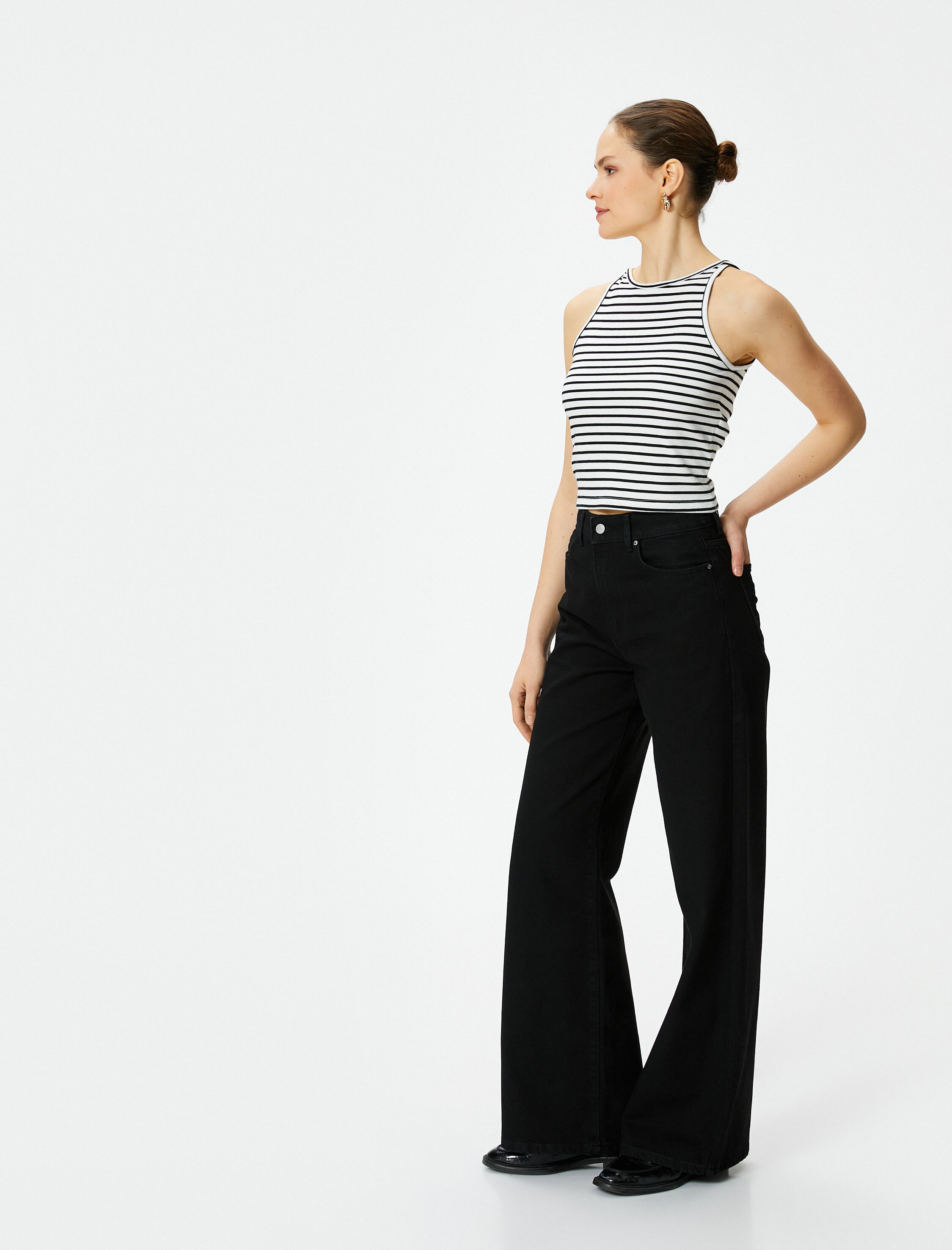   Bol Paça Kot Pantolon Yüksek Bel Pamuklu Cepli - Bianca Jeans