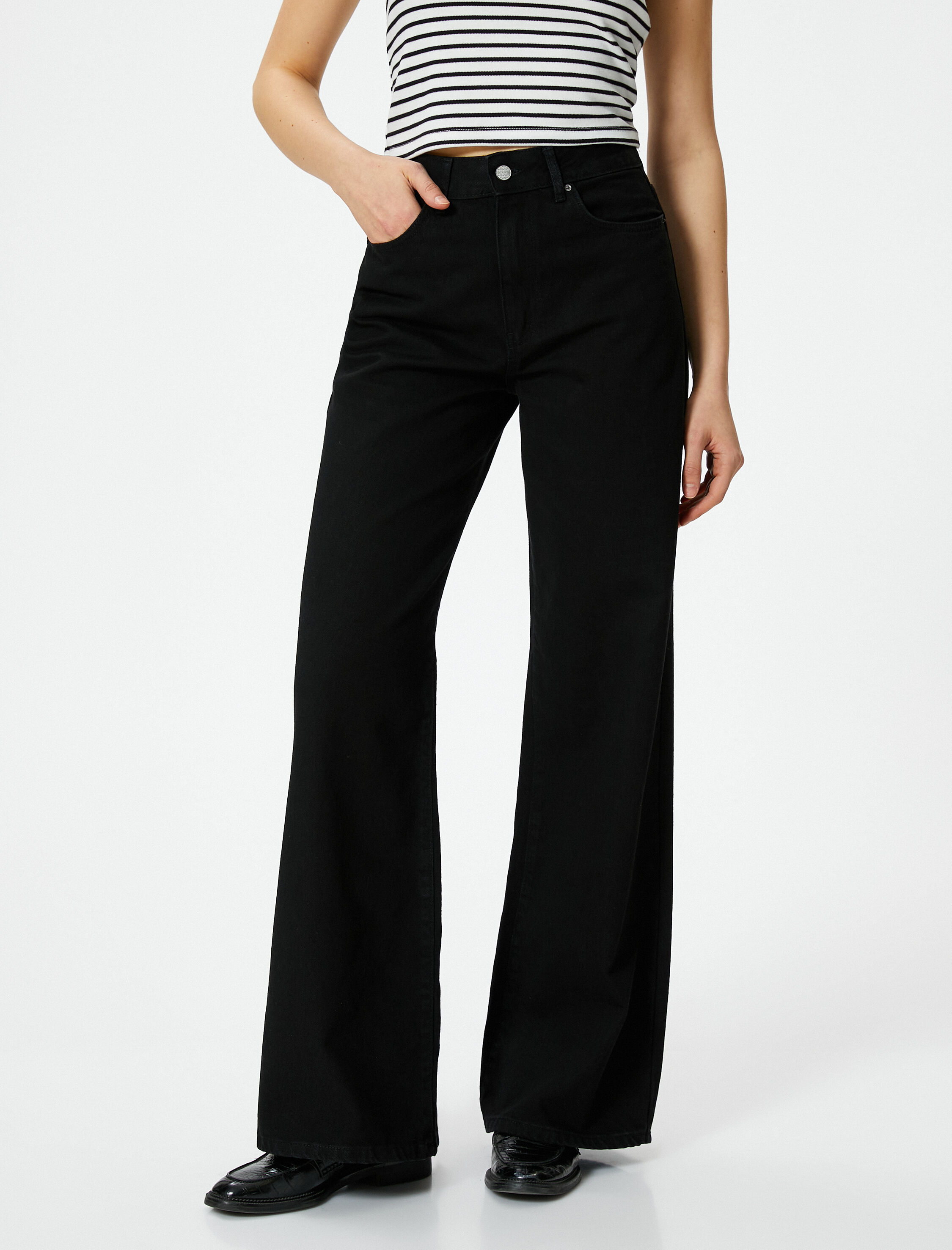   Bol Paça Kot Pantolon Yüksek Bel Pamuklu Cepli - Bianca Jeans