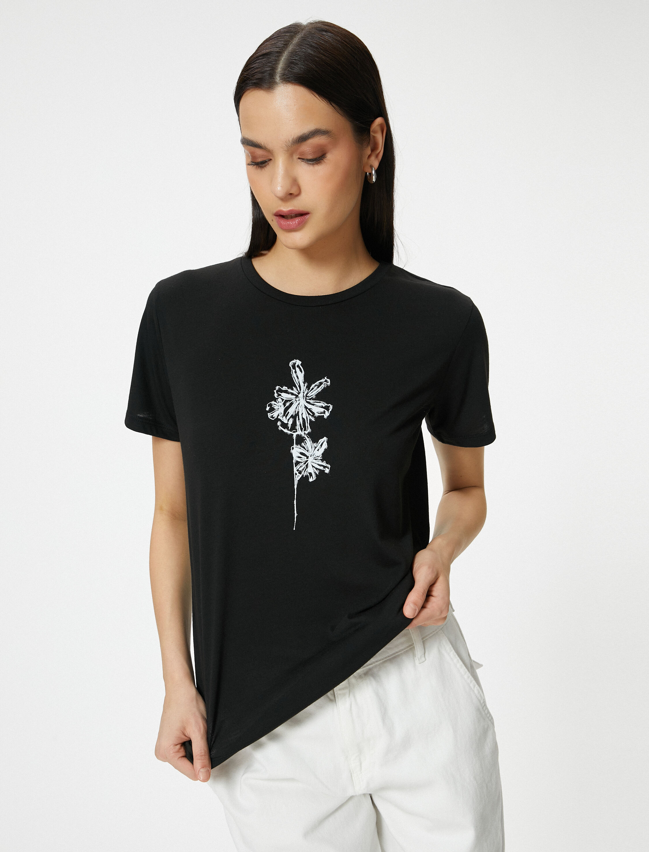   Baskılı Tişört Bisiklet Yaka Kısa Kollu Viskon Karışımlı