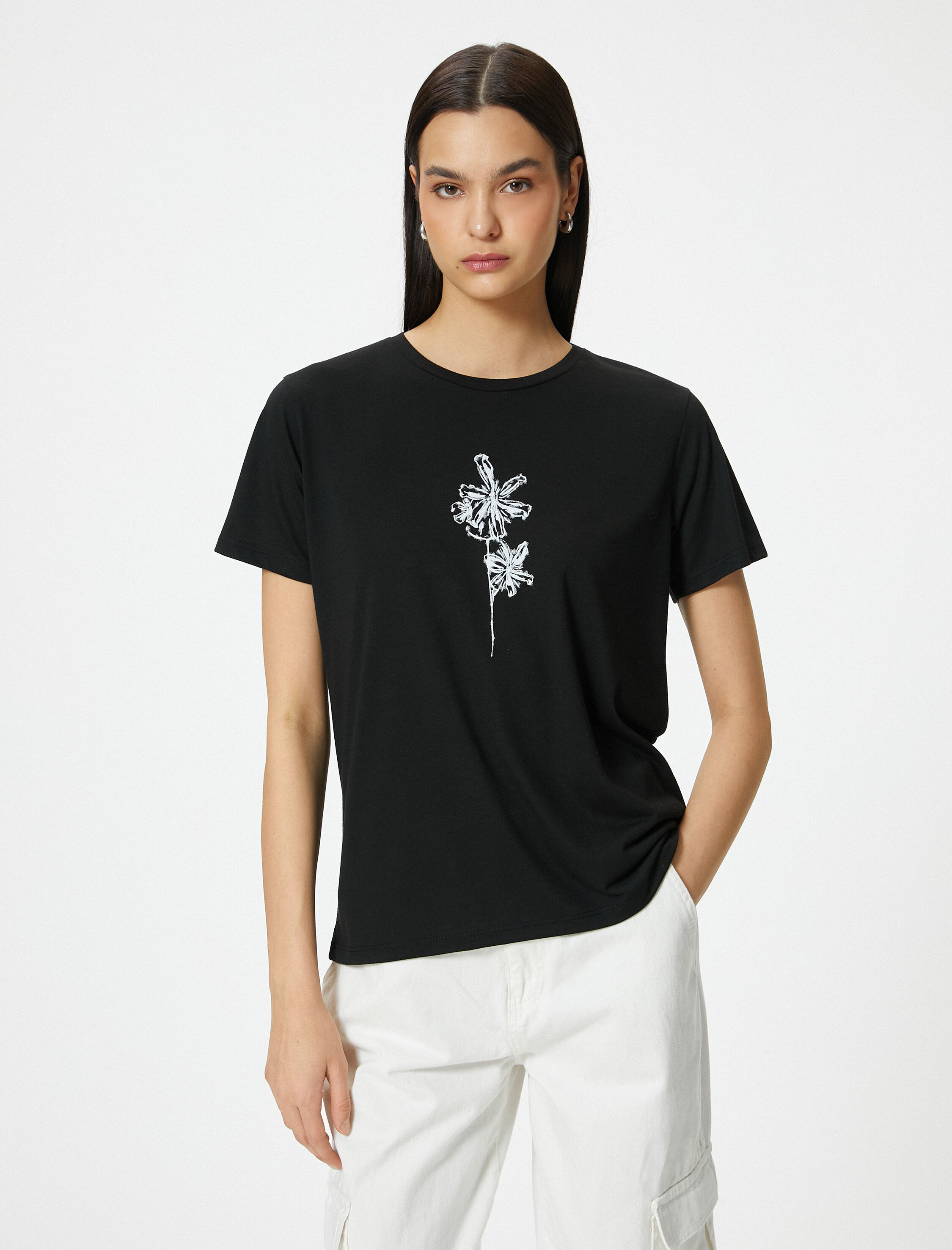   Baskılı Tişört Bisiklet Yaka Kısa Kollu Viskon Karışımlı