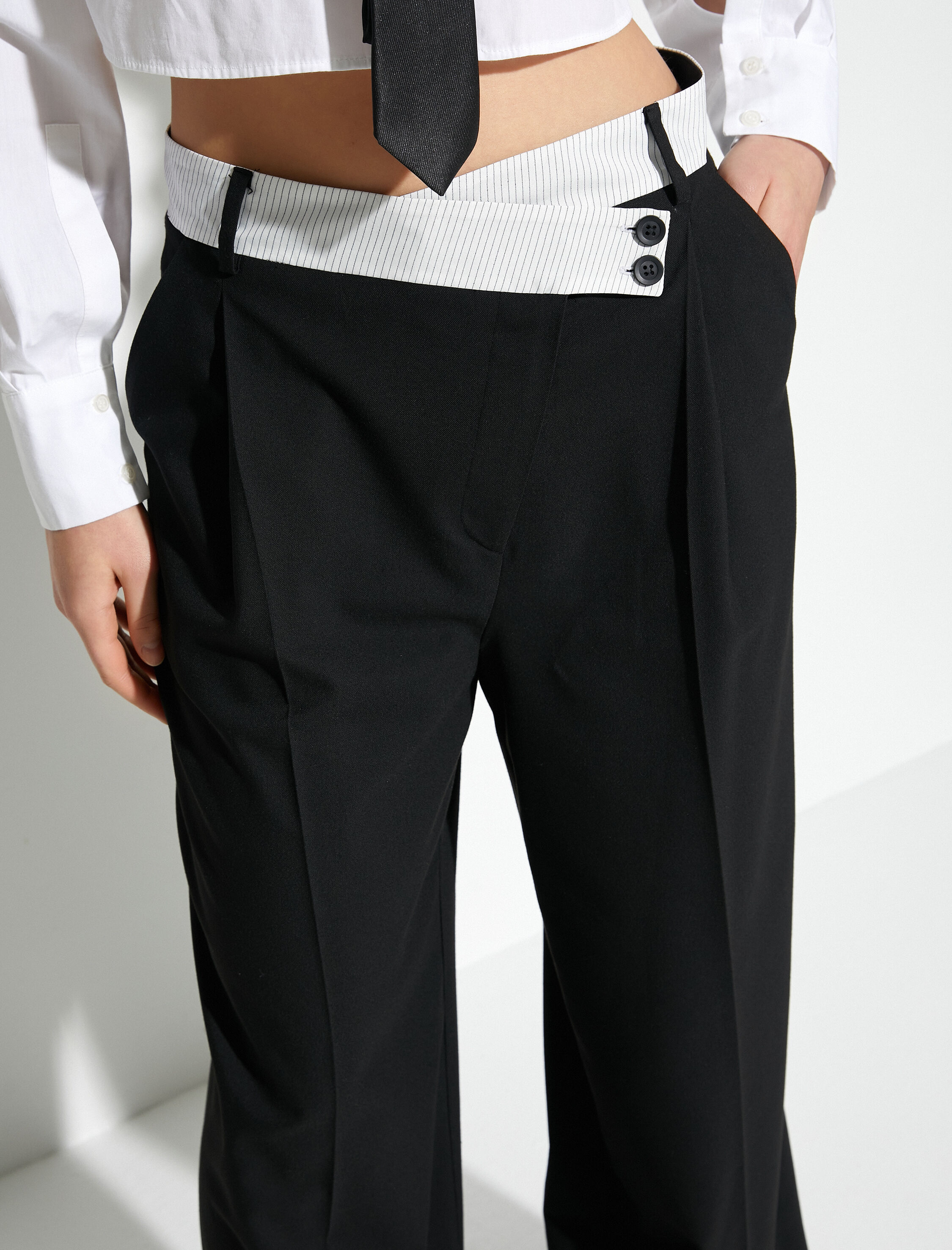   Palazzo Pantolon Bol Paça Asimetrik Bel Düğmeli