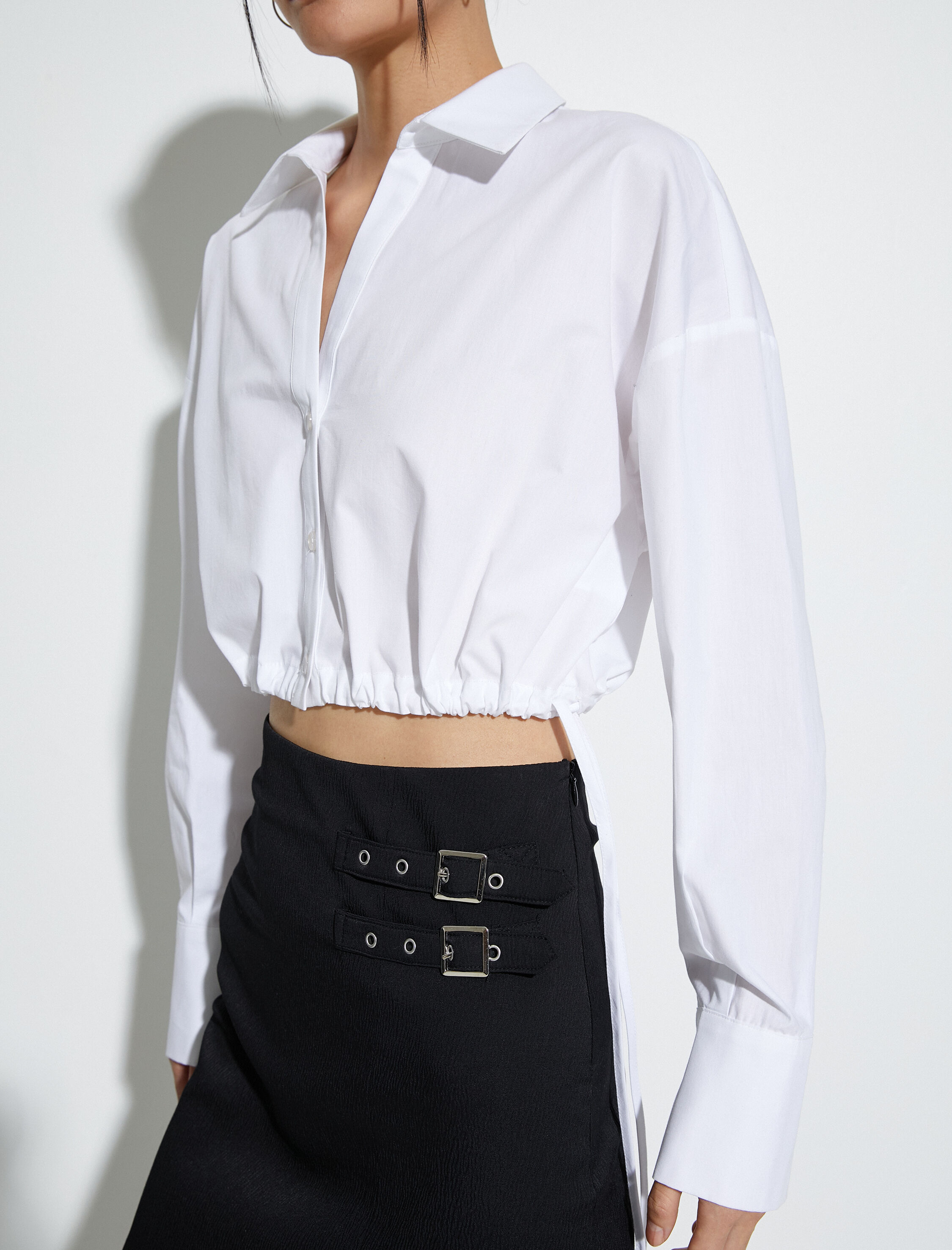   Crop Gömlek Beli Lastikli Uzun Kollu Düğmeli Manşet Yaka Pamuklu Poplin