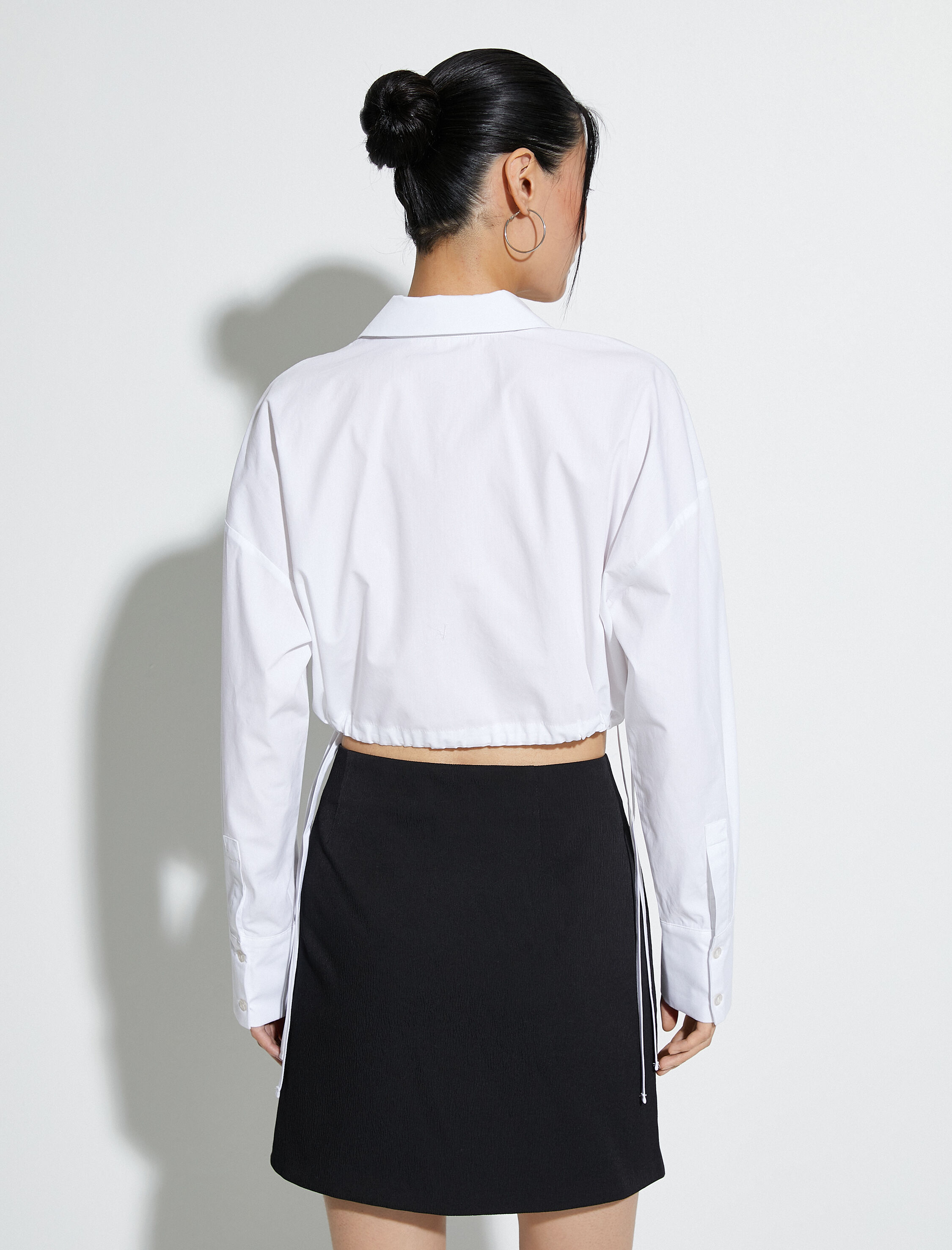   Crop Gömlek Beli Lastikli Uzun Kollu Düğmeli Manşet Yaka Pamuklu Poplin