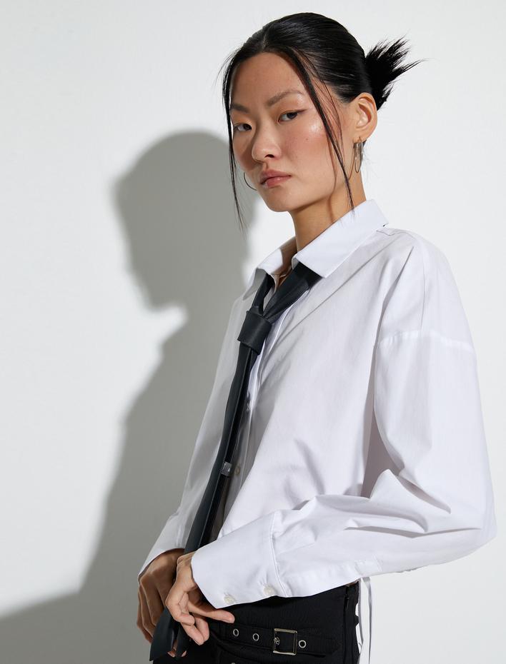  Crop Gömlek Beli Lastikli Uzun Kollu Düğmeli Manşet Yaka Pamuklu Poplin