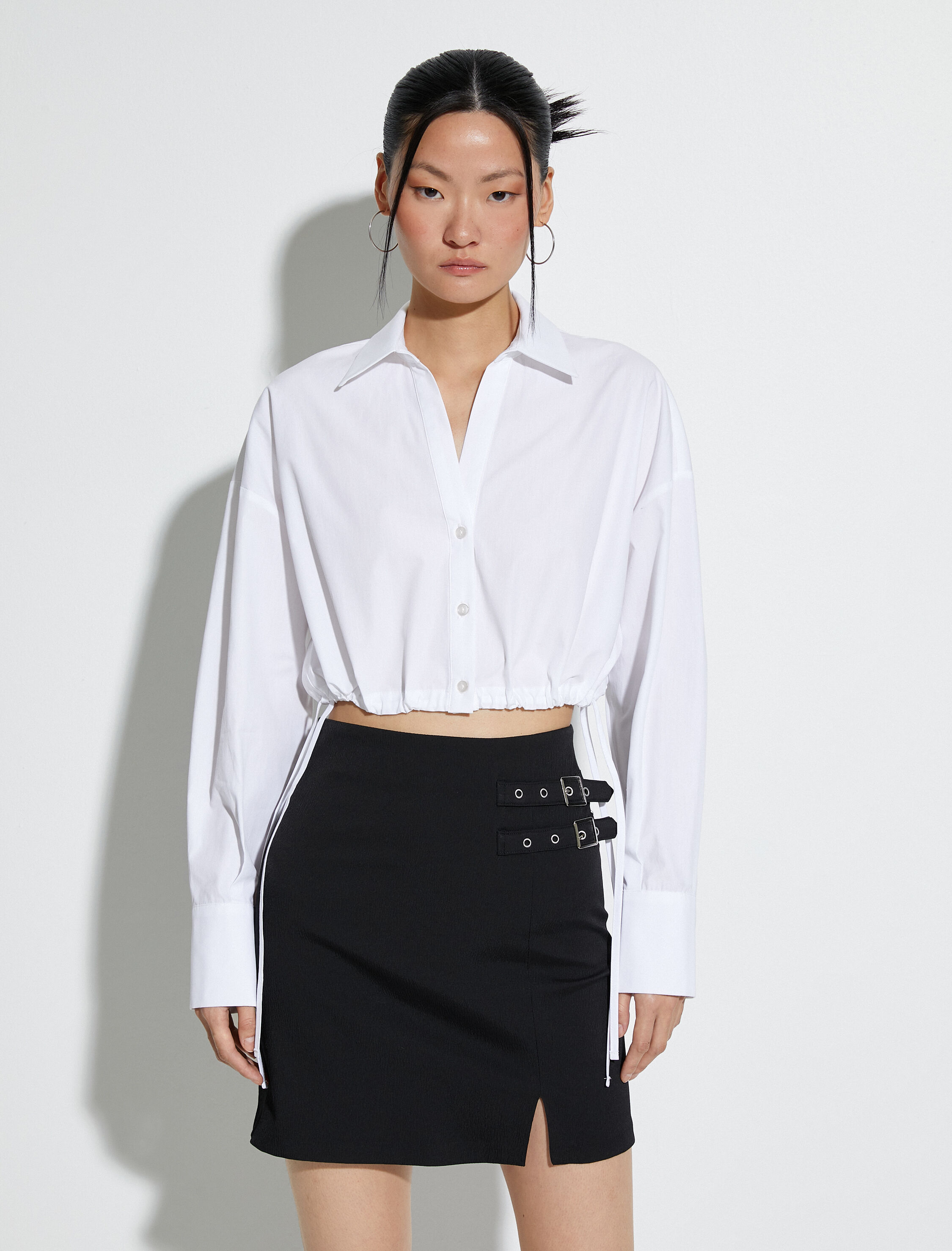   Crop Gömlek Beli Lastikli Uzun Kollu Düğmeli Manşet Yaka Pamuklu Poplin