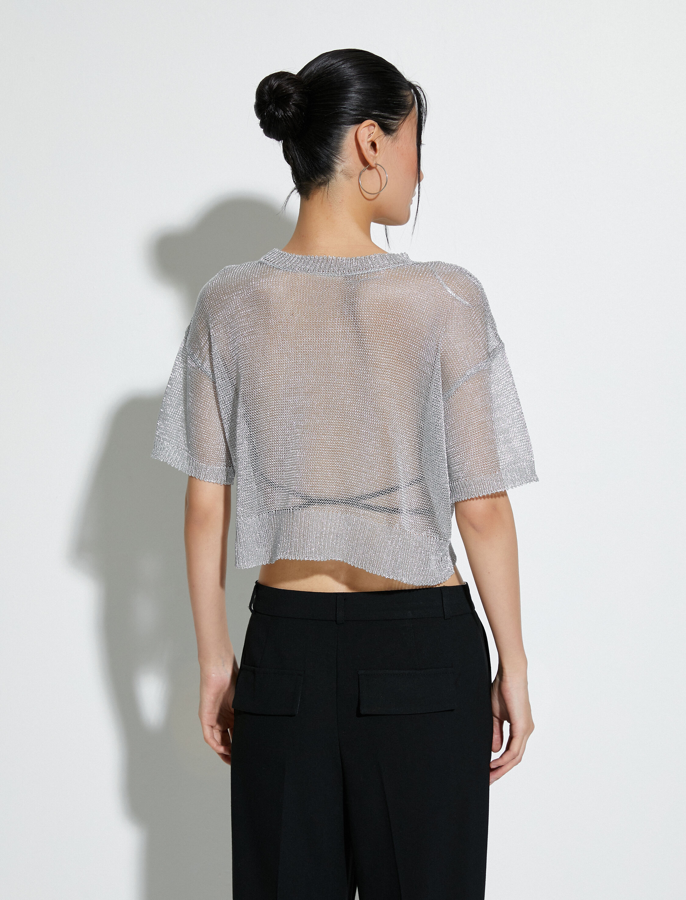   Crop Merserize Kazak Metalik Simli Kısa Kollu