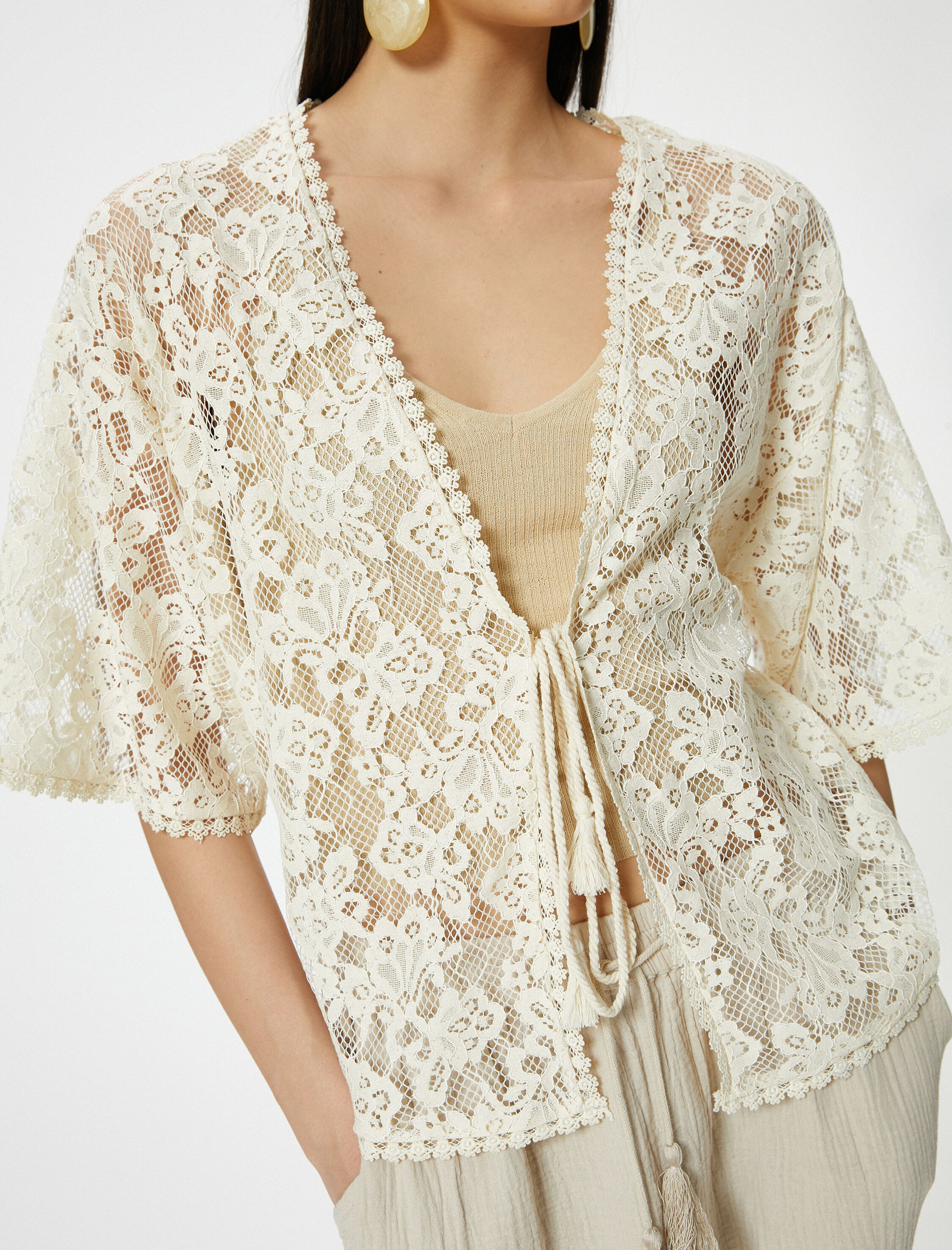   Dantelli Hırka Önden Bağlamalı Yarım Kollu