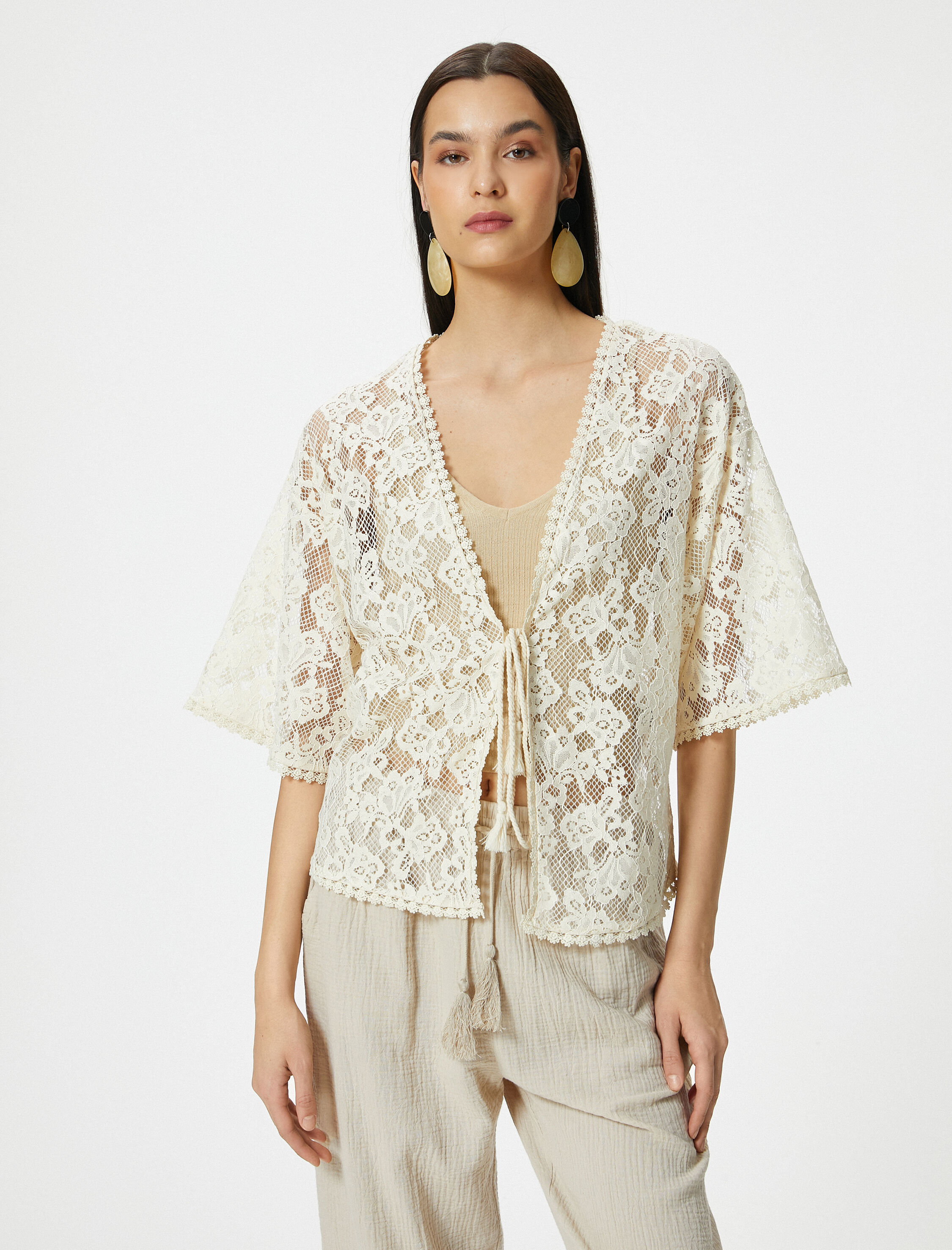   Dantelli Hırka Önden Bağlamalı Yarım Kollu