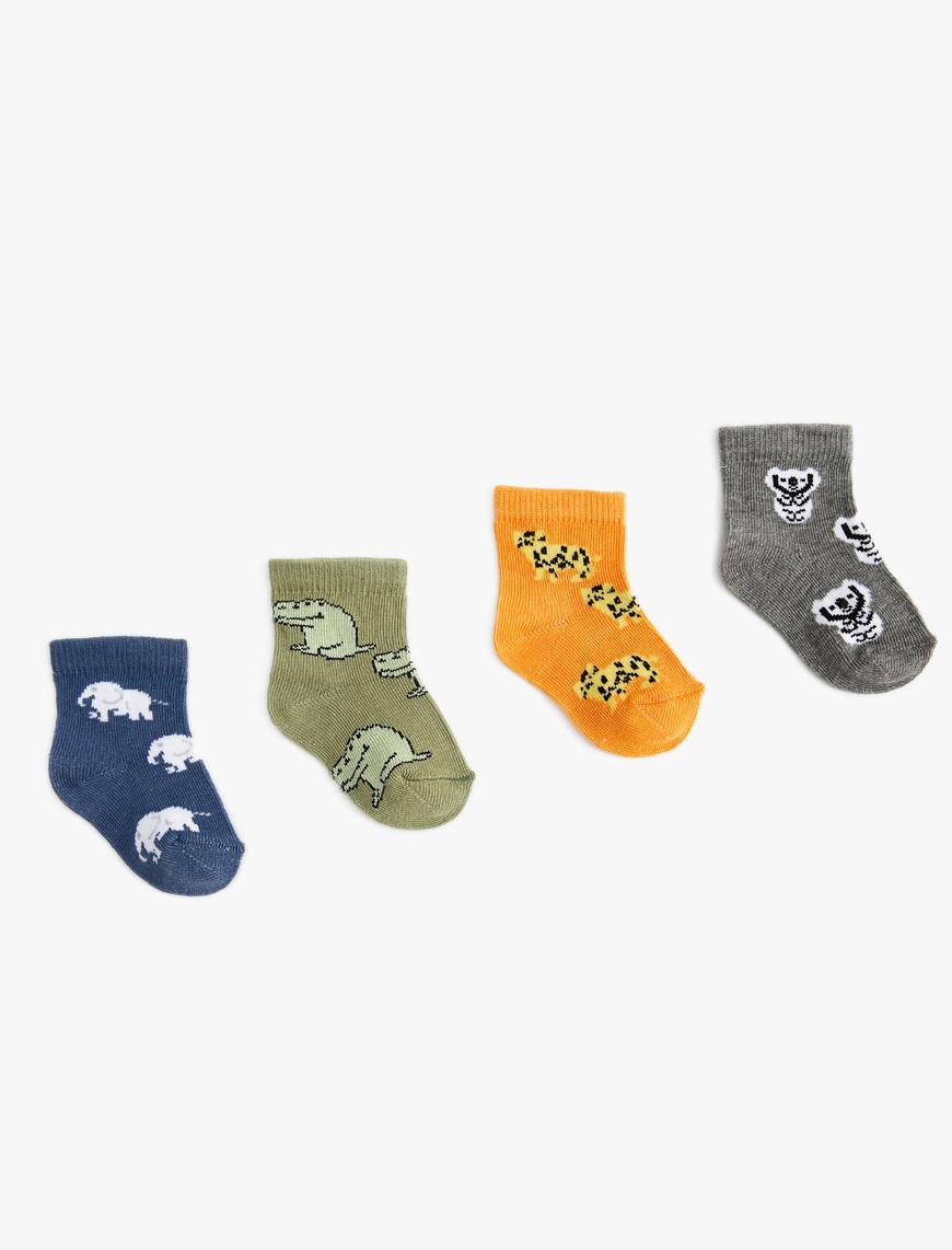  Erkek Bebek 4’lü Çorap Seti Çok Renkli Hayvan Desenli Pamuklu
