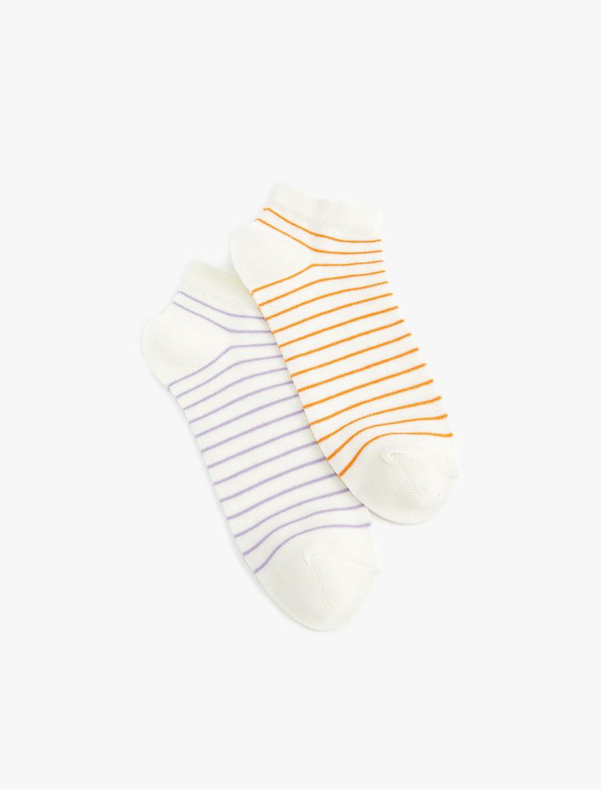  Kadın Çizgili 2'li Patik Çorap Seti Çok Renkli