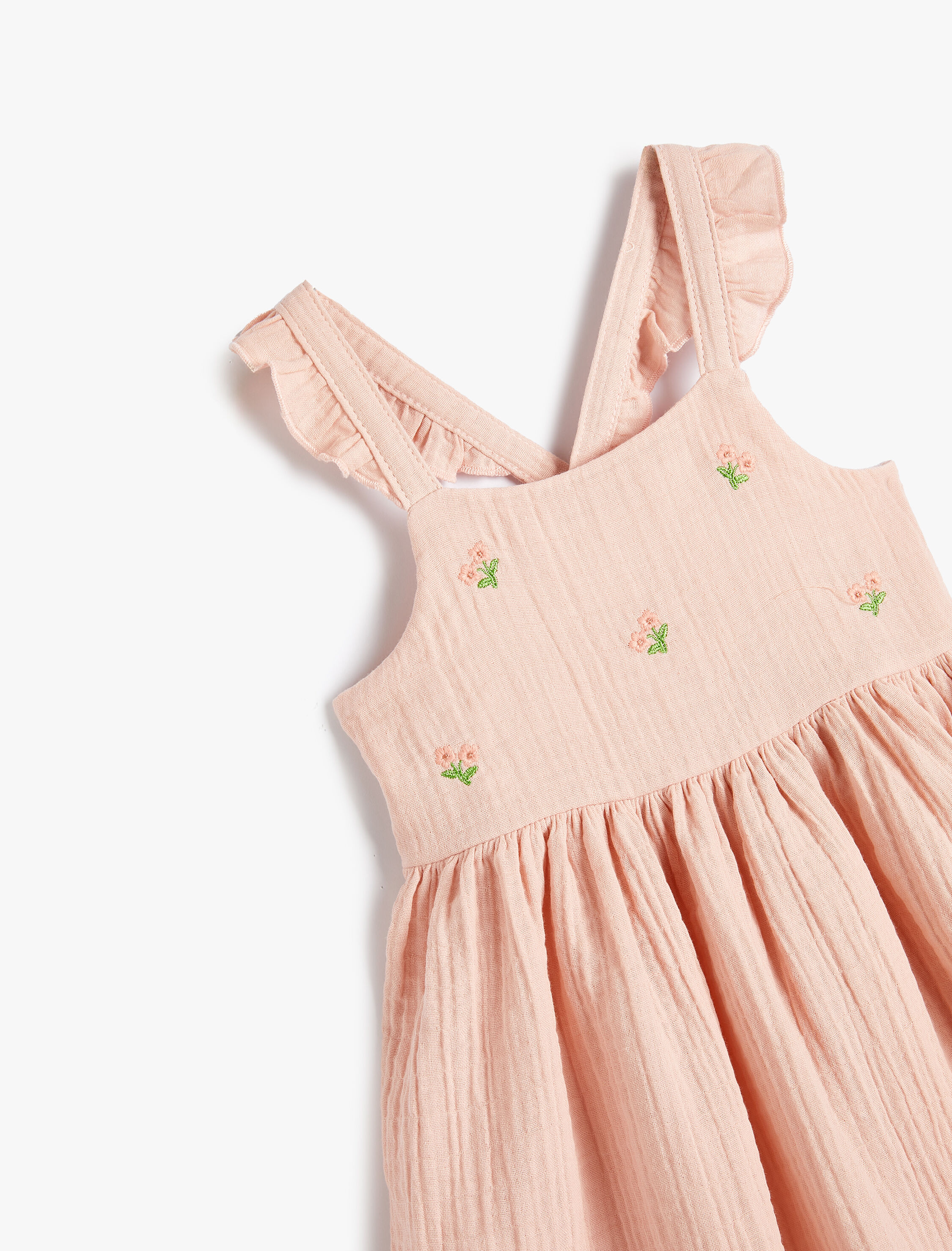  Kız Bebek Askılı Elbise Müslin Kumaş İşlemeli Dokulu Fırfır Detaylı Pamuklu