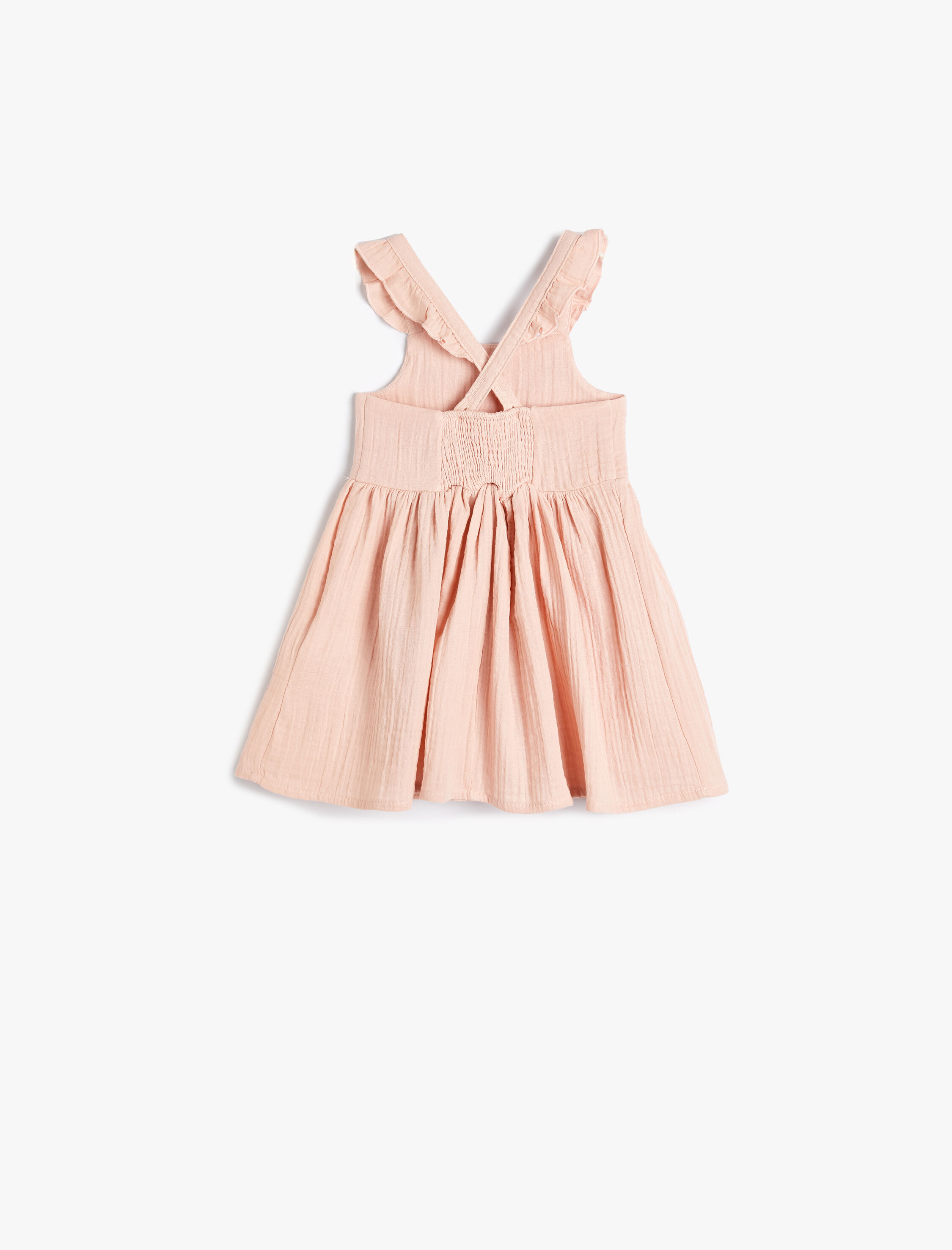  Kız Bebek Askılı Elbise Müslin Kumaş İşlemeli Dokulu Fırfır Detaylı Pamuklu