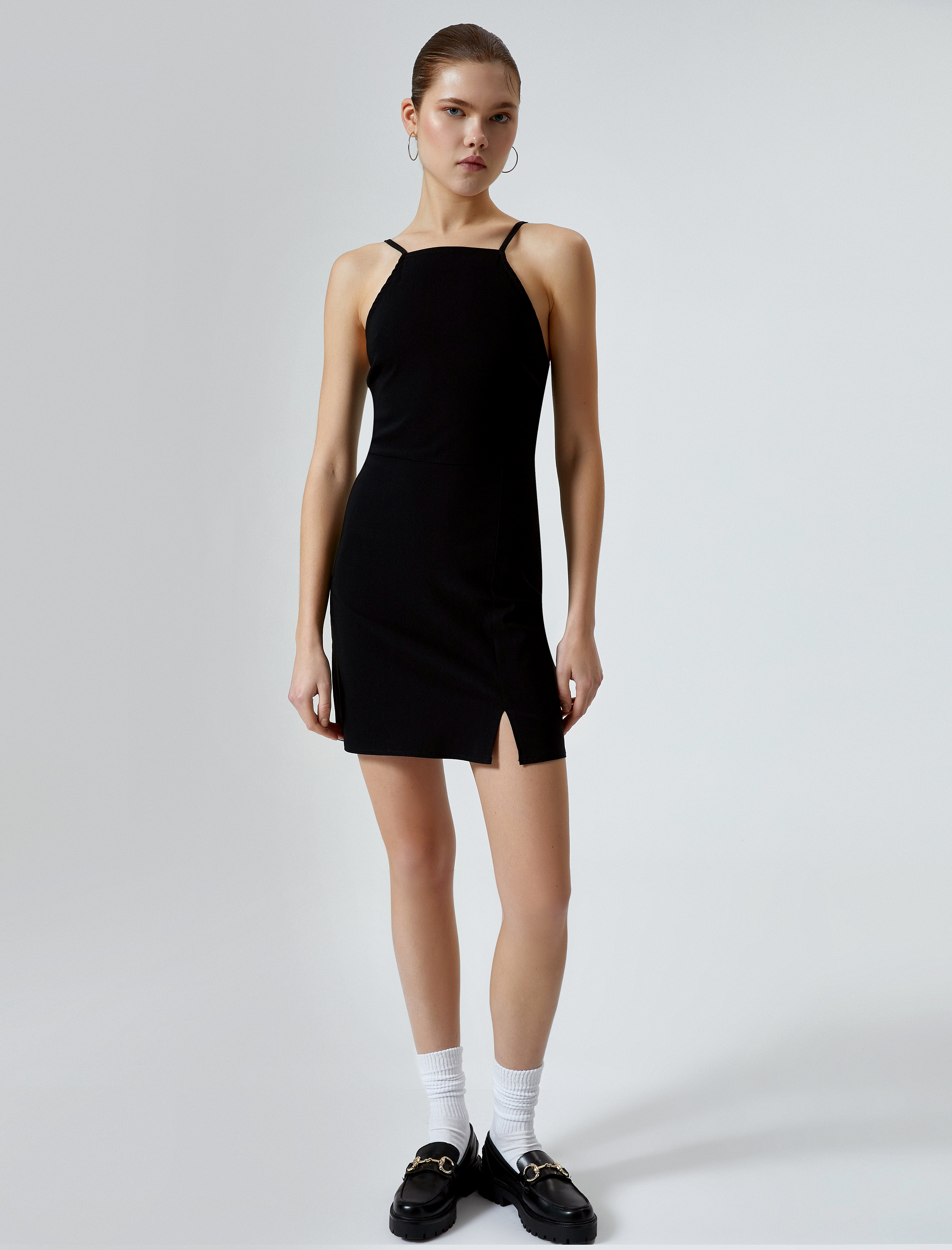   Halter Yaka Mini Kalem Elbise Yırtmaç Detaylı