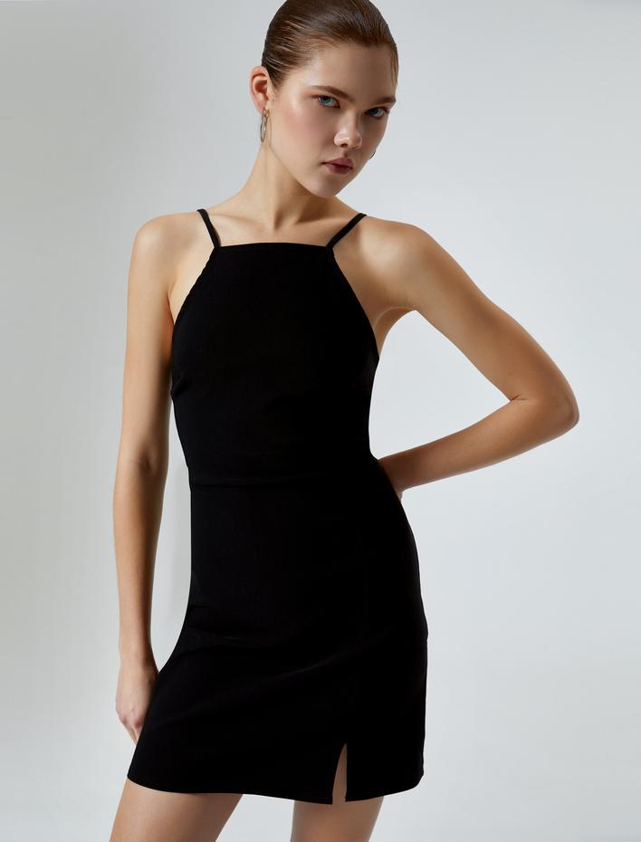  Halter Yaka Mini Kalem Elbise Yırtmaç Detaylı