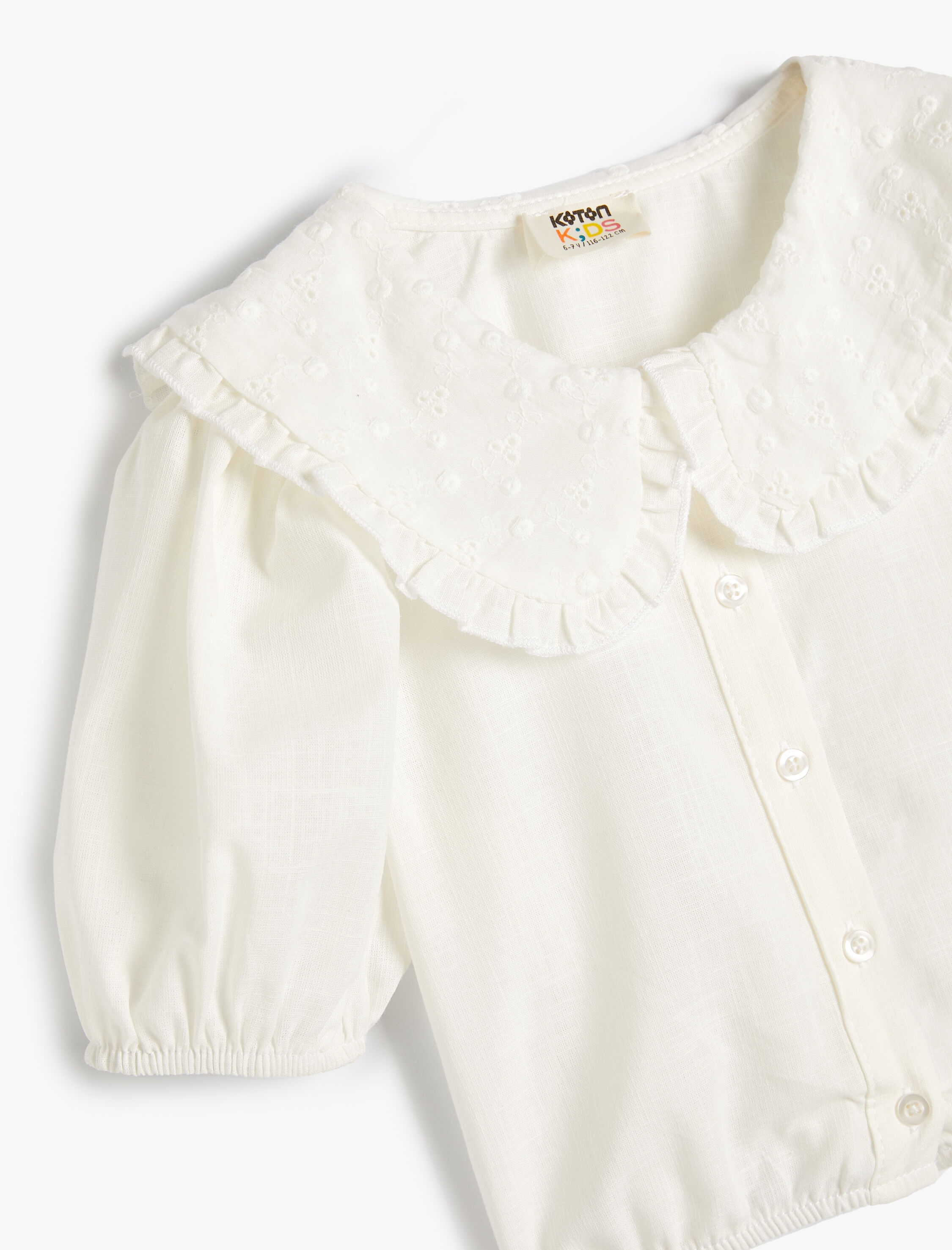  Kız Çocuk Crop Oversize Gömlek Geniş Bebe Yaka Balon Kollu Pamuklu