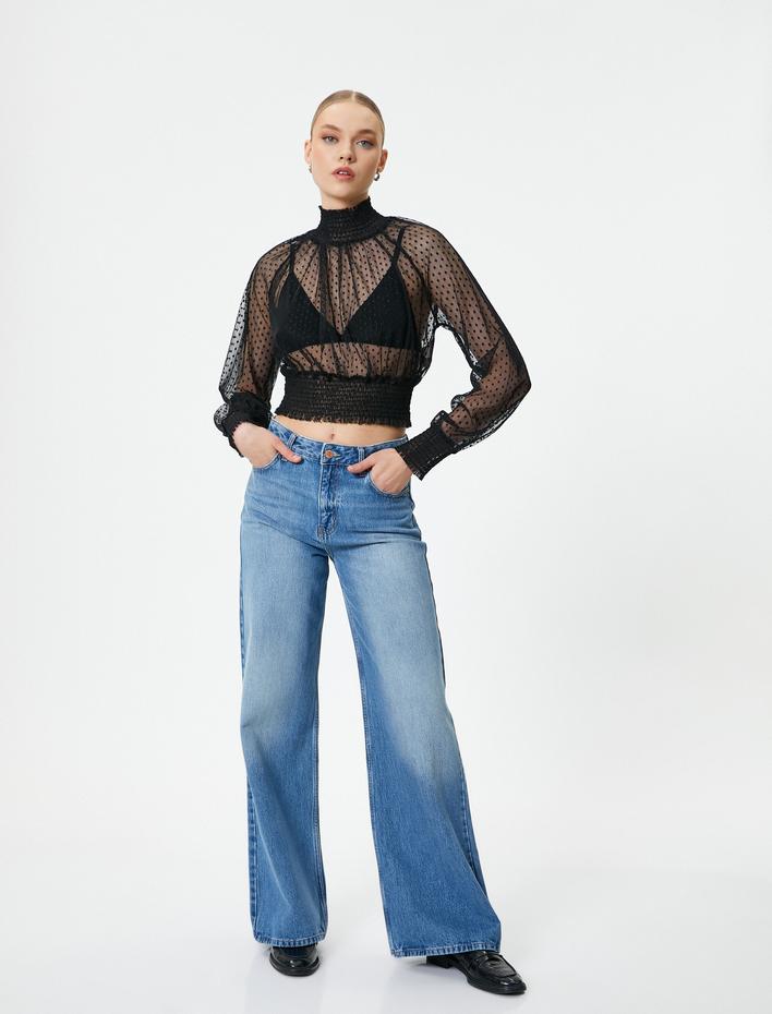  Transparan Dantelli Bluz Dik Yaka Gipeli