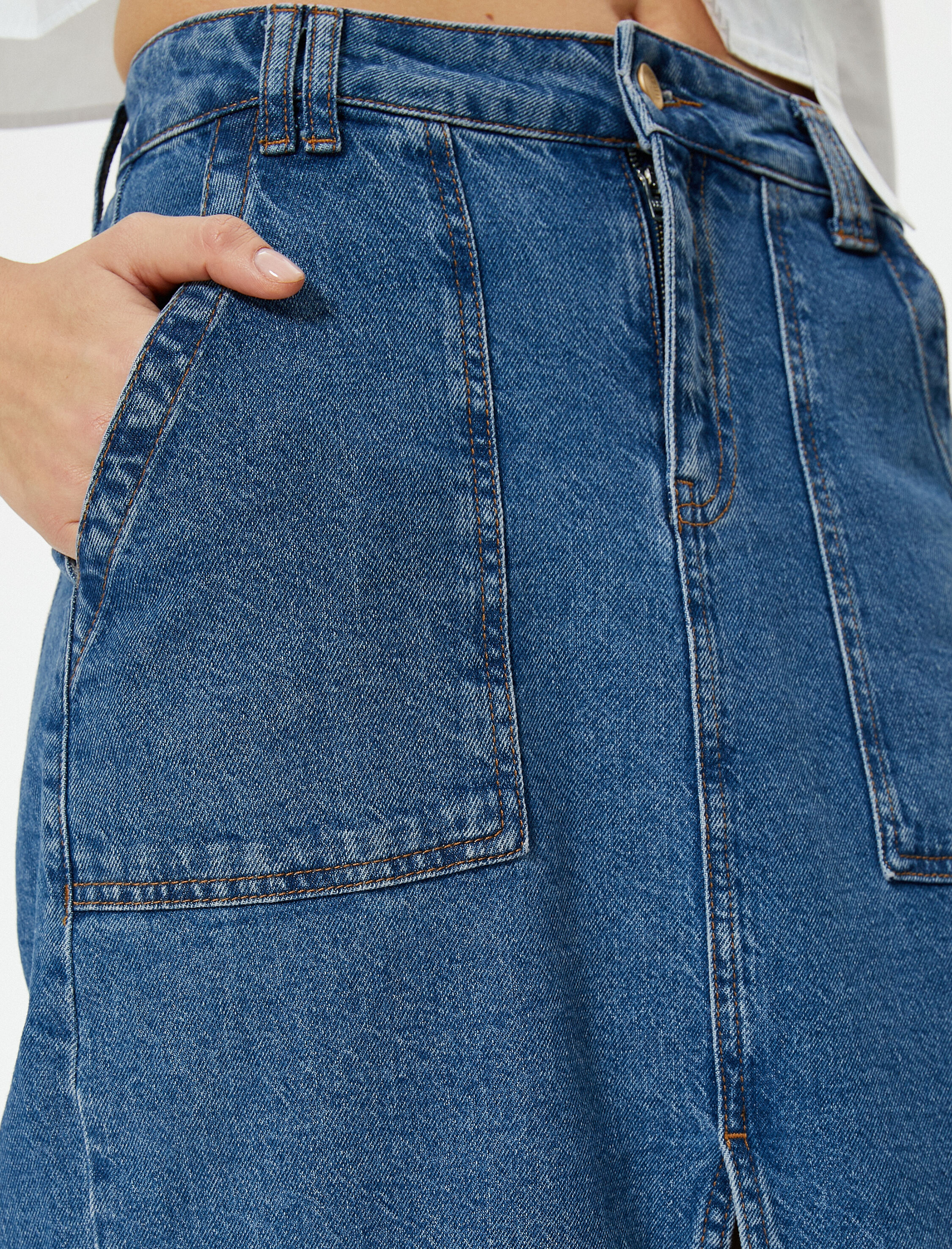   Uzun Kot Etek Önden Yırtmaç Detaylı Cepli Pamuklu