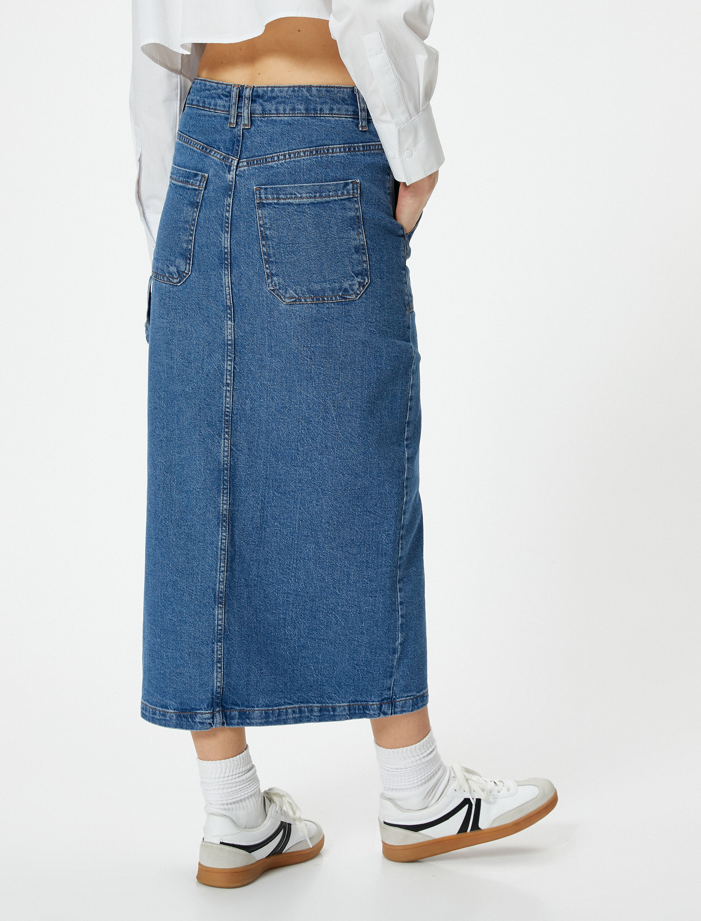   Uzun Kot Etek Önden Yırtmaç Detaylı Cepli Pamuklu