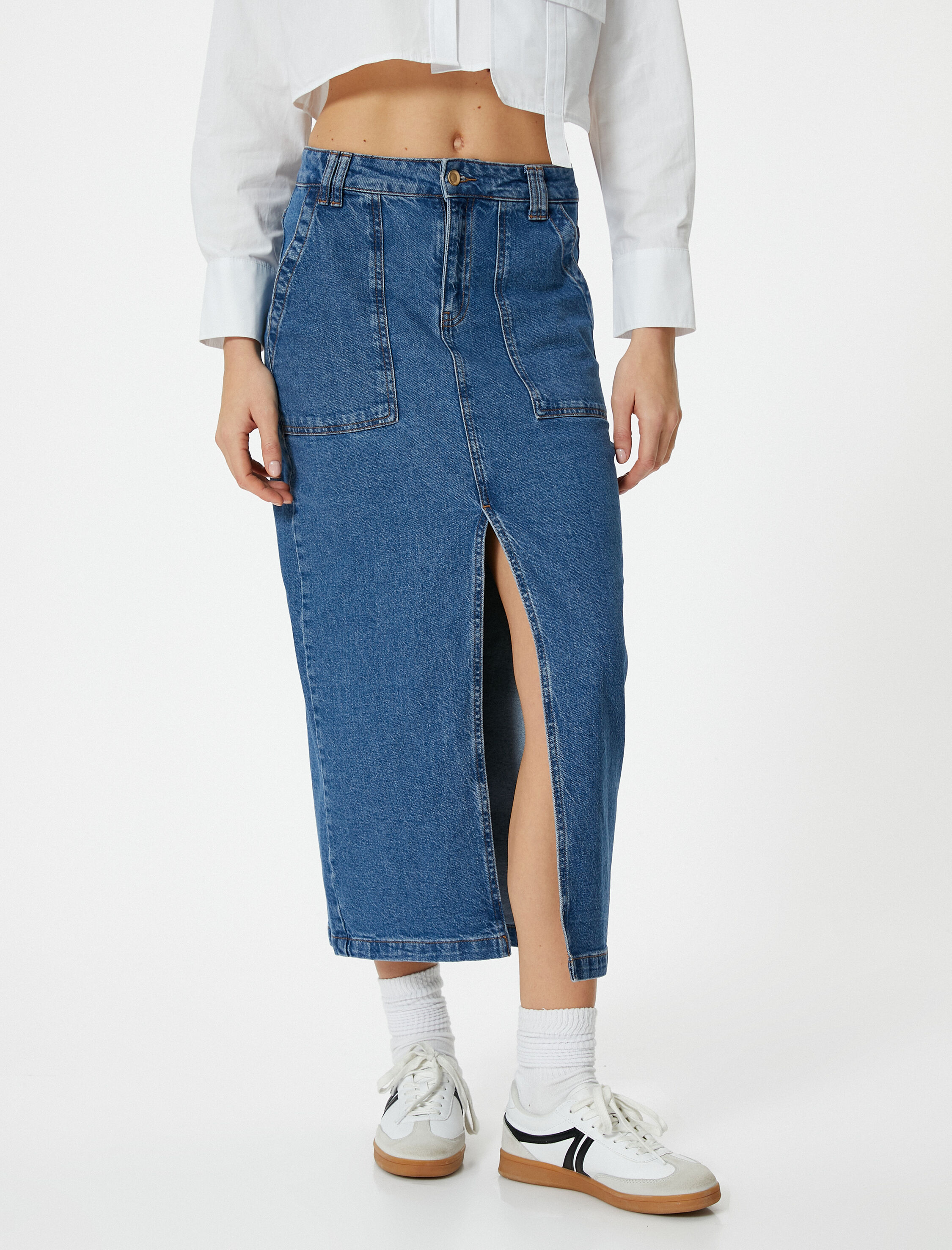   Uzun Kot Etek Önden Yırtmaç Detaylı Cepli Pamuklu