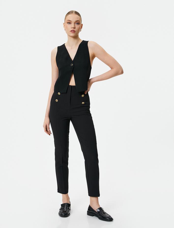  Cigarette Kumaş Pantolon Yüksek Bel Gold Düğmeli