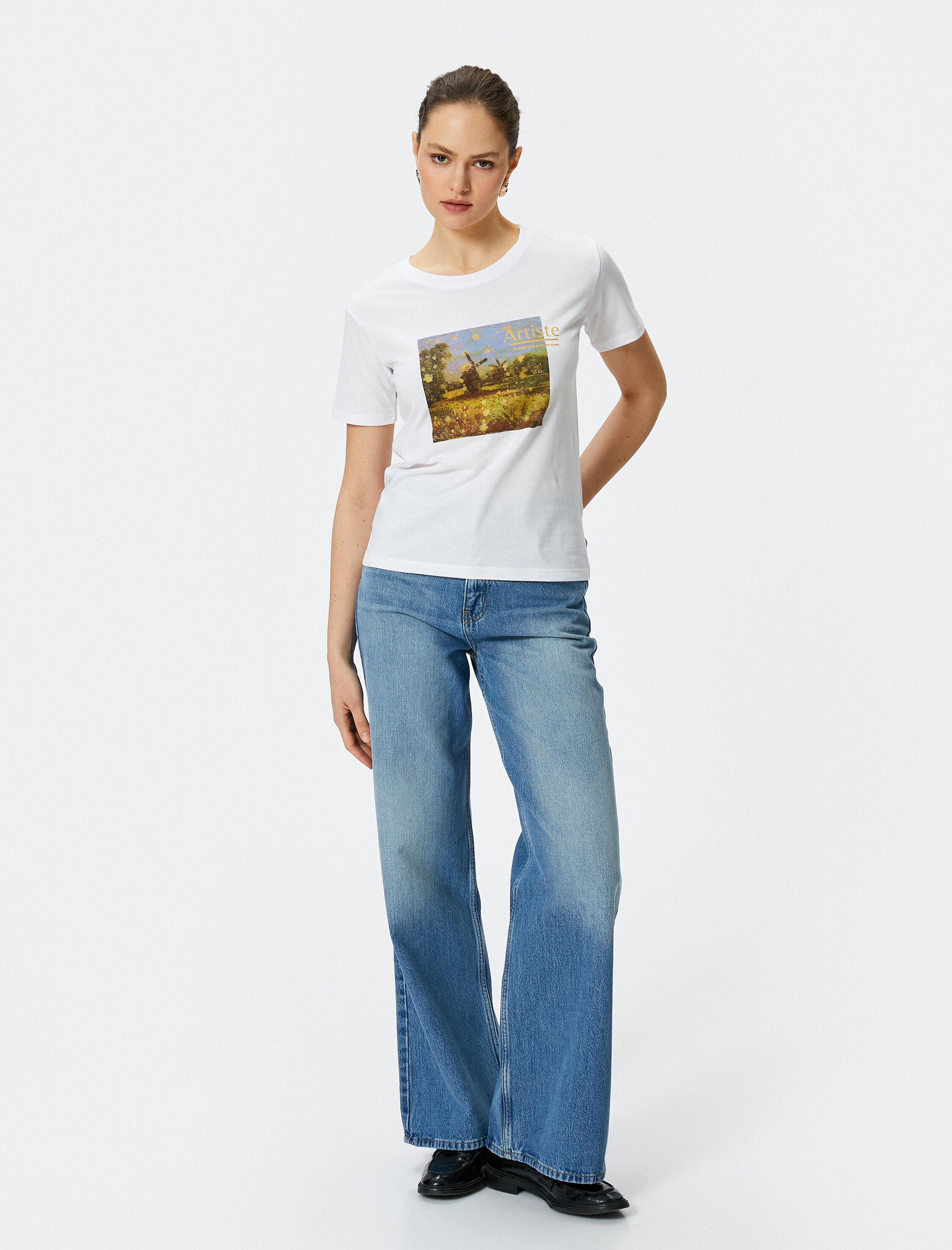   Baskılı Tişört Bisiklet Yaka Kısa Kollu Pamuklu