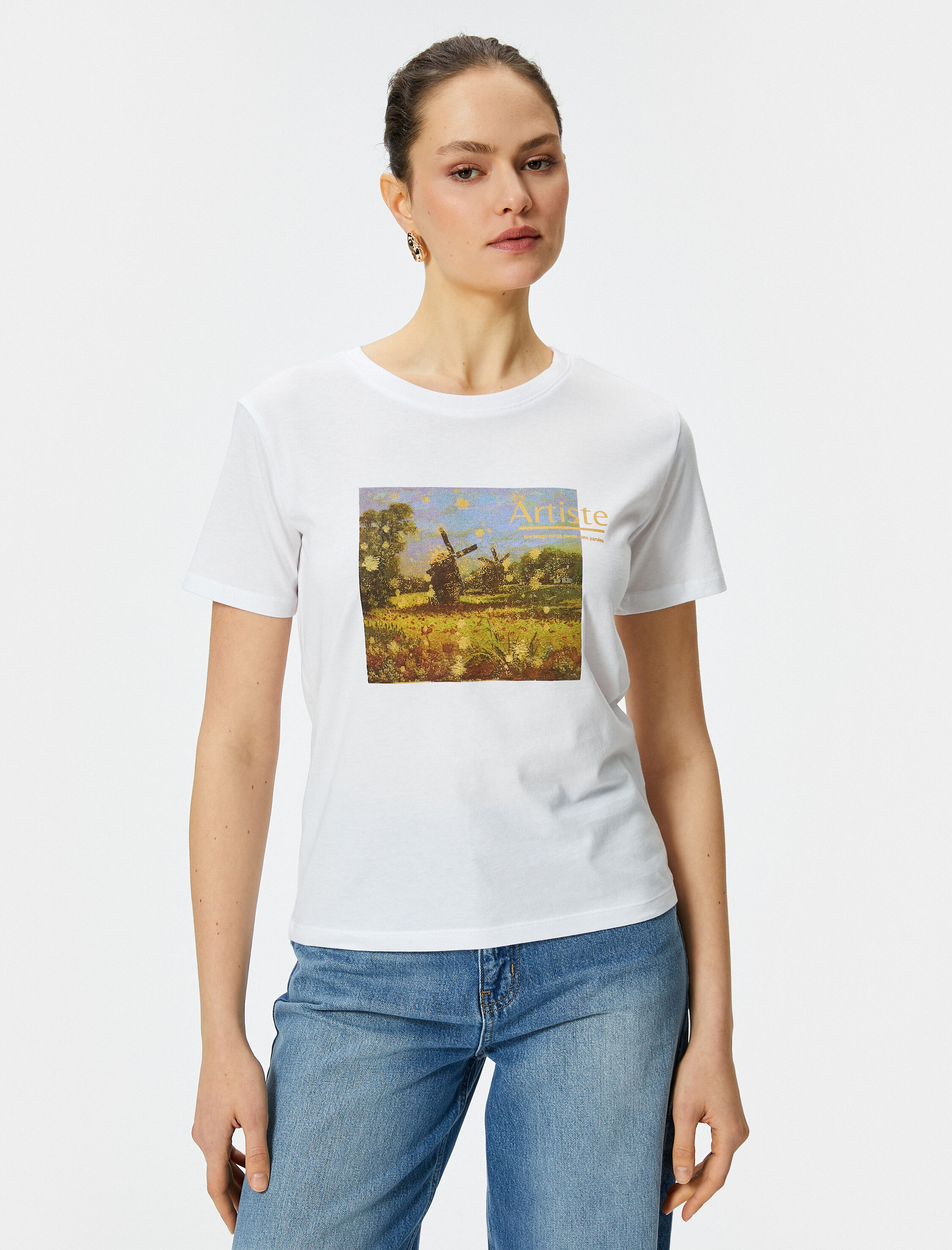   Baskılı Tişört Bisiklet Yaka Kısa Kollu Pamuklu