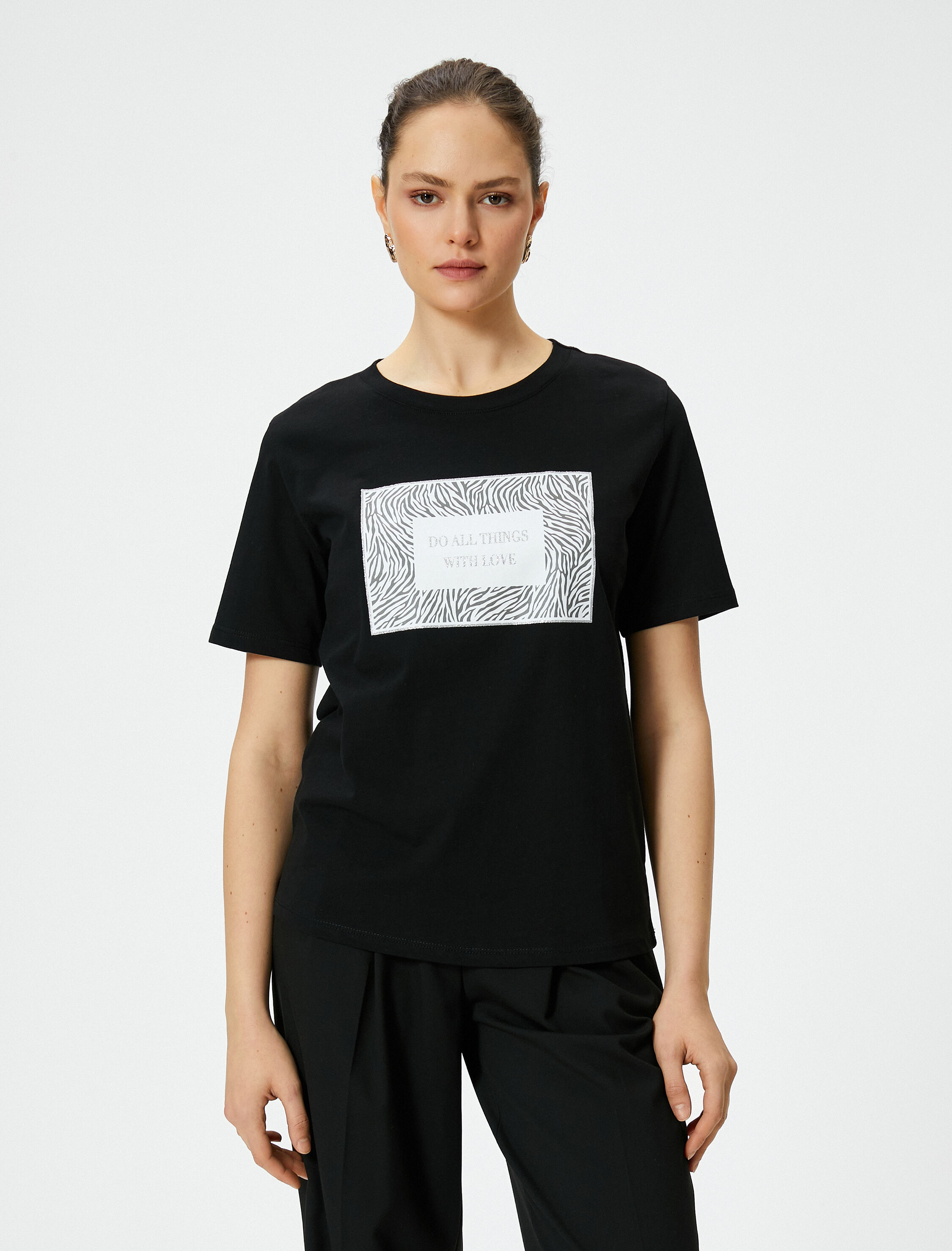   Baskılı Tişört Bisiklet Yaka Kısa Kollu Pamuklu