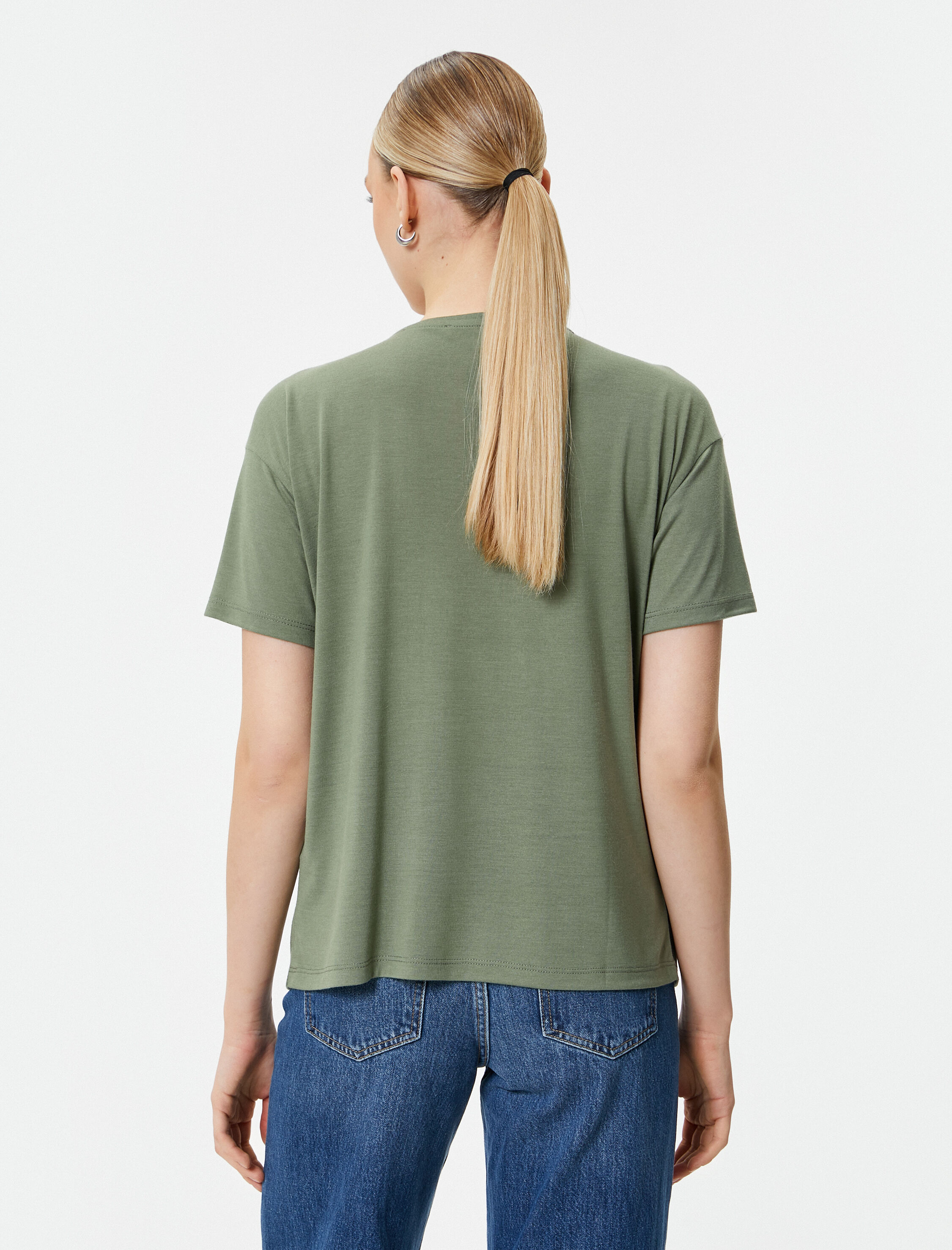   Bisiklet Yaka Tişört Baskılı Çift Taraflı Payetli Kısa Kollu