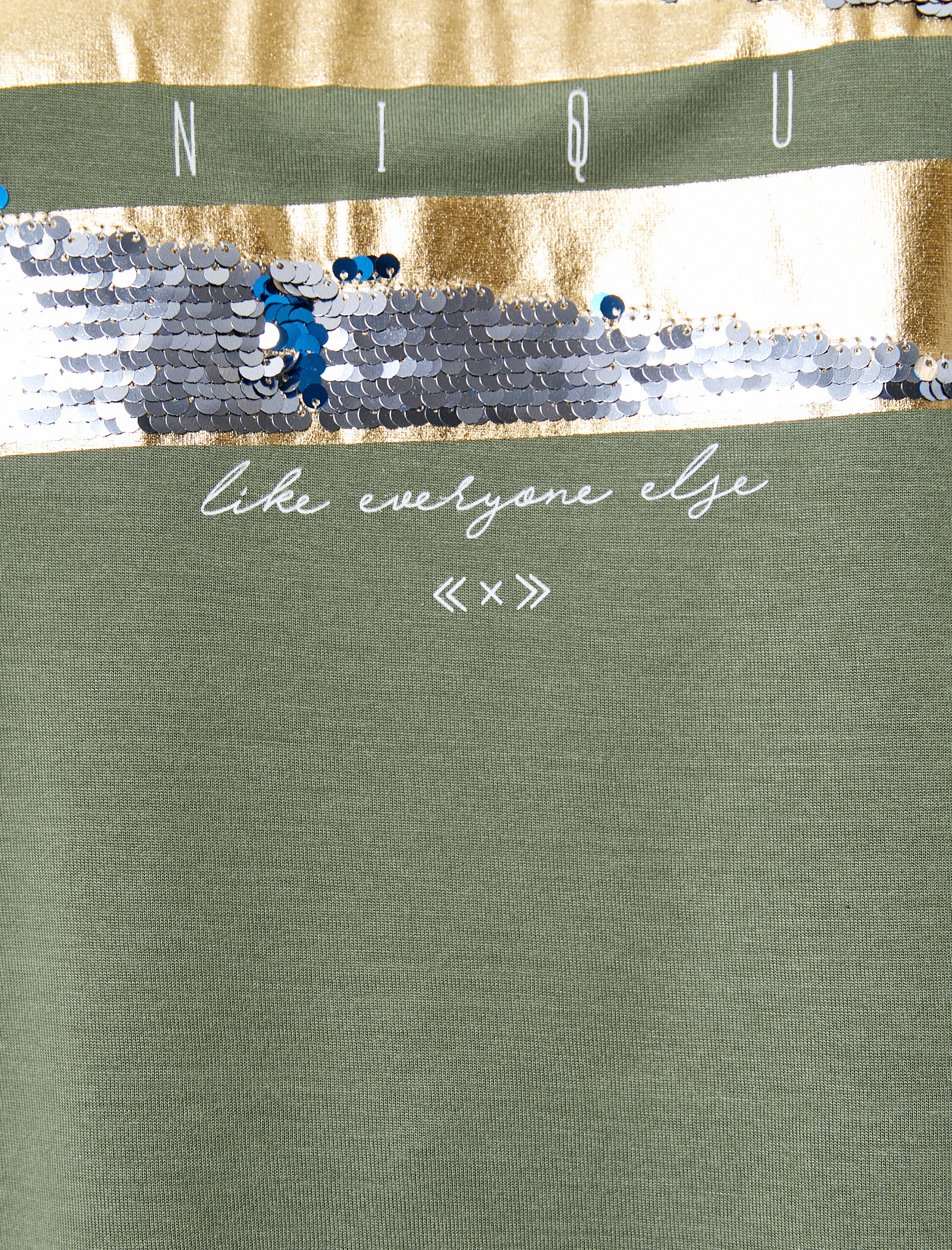   Bisiklet Yaka Tişört Baskılı Çift Taraflı Payetli Kısa Kollu