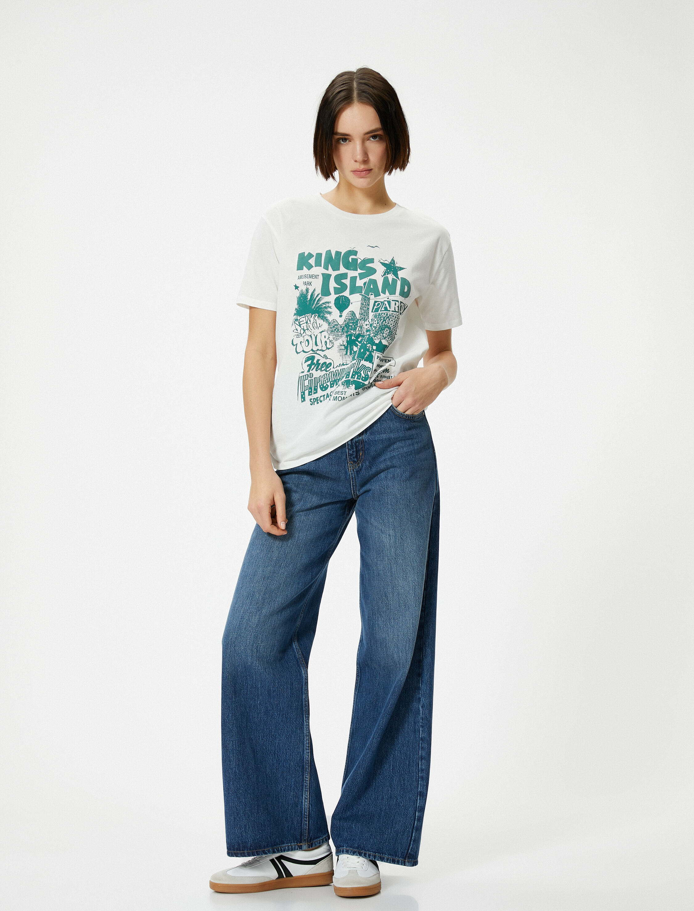   Pamuklu Baskılı Tişört Kısa Kollu Bisiklet Yaka