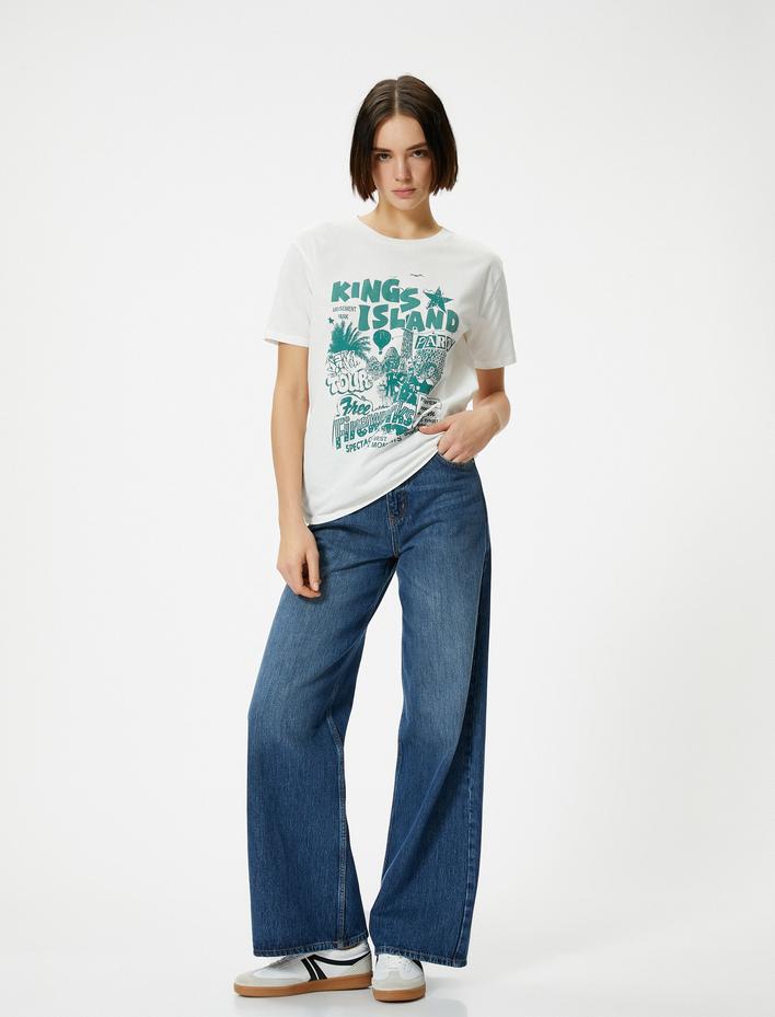  Pamuklu Baskılı Tişört Kısa Kollu Bisiklet Yaka