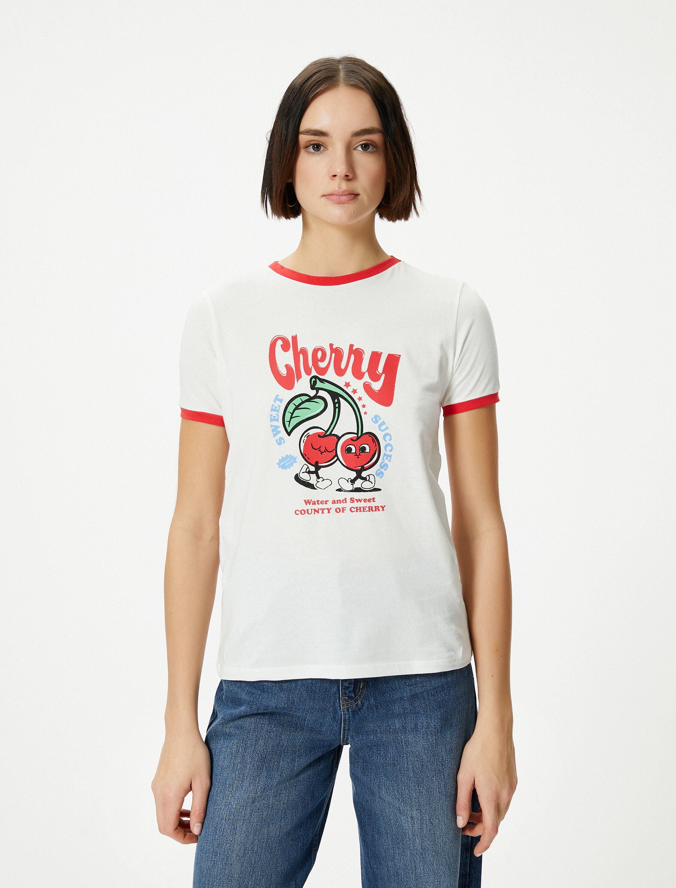   Kiraz Baskılı Tişört Biyeli Kısa Kollu Bisiklet Yaka Pamuklu