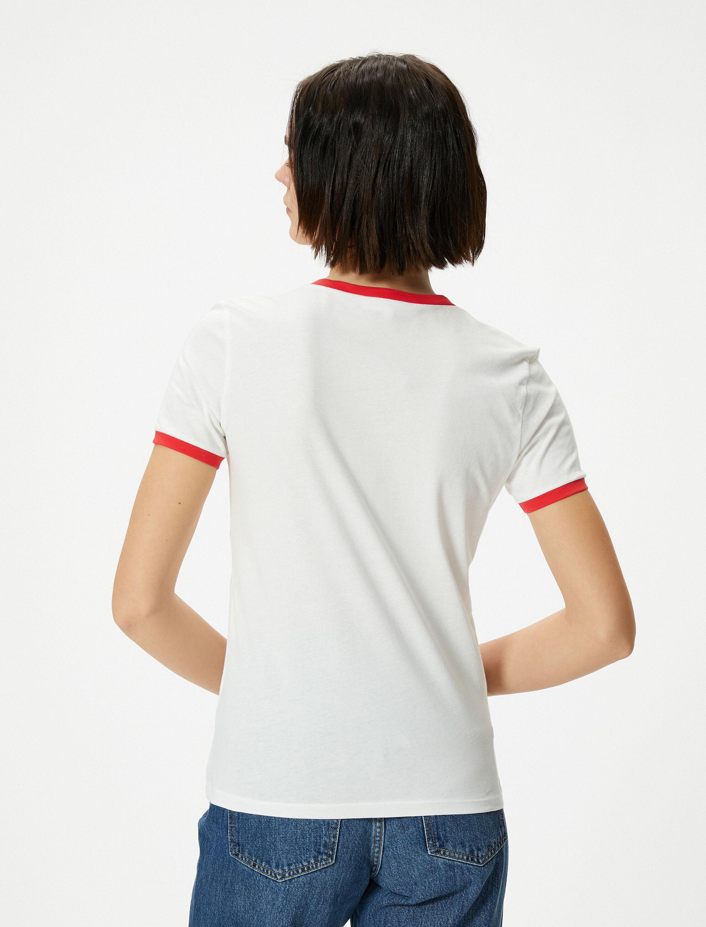   Kiraz Baskılı Tişört Biyeli Kısa Kollu Bisiklet Yaka Pamuklu