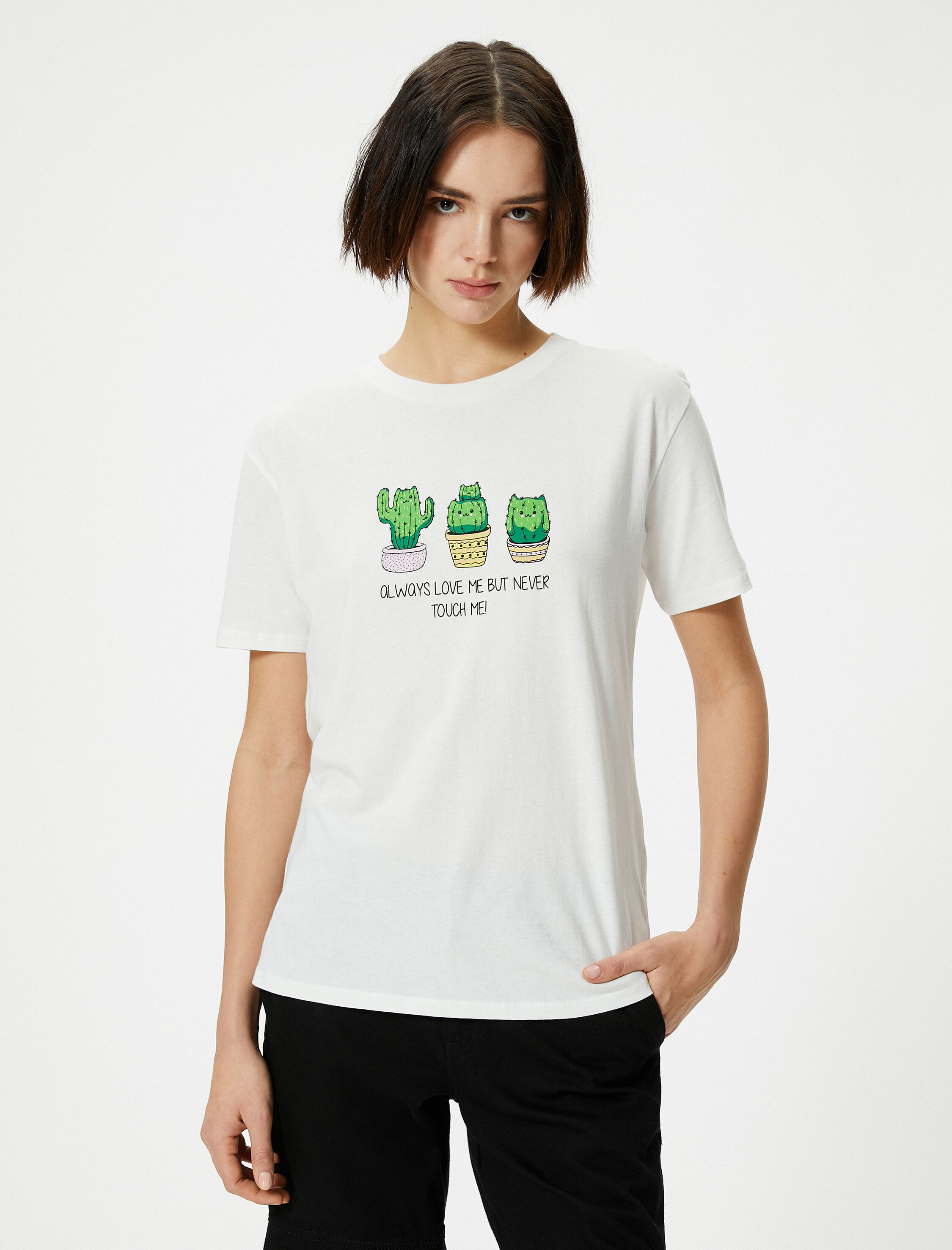   Kaktüs Baskılı Tişört Rahat Kalıp Kısa Kollu Baskılı Pamuklu