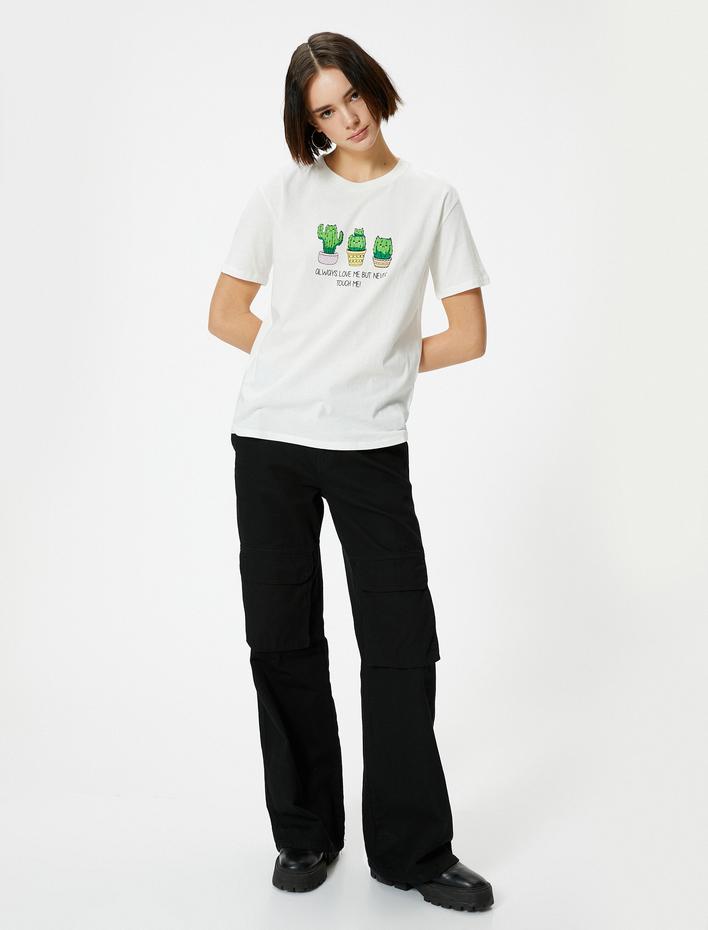  Kaktüs Baskılı Tişört Rahat Kalıp Kısa Kollu Baskılı Pamuklu