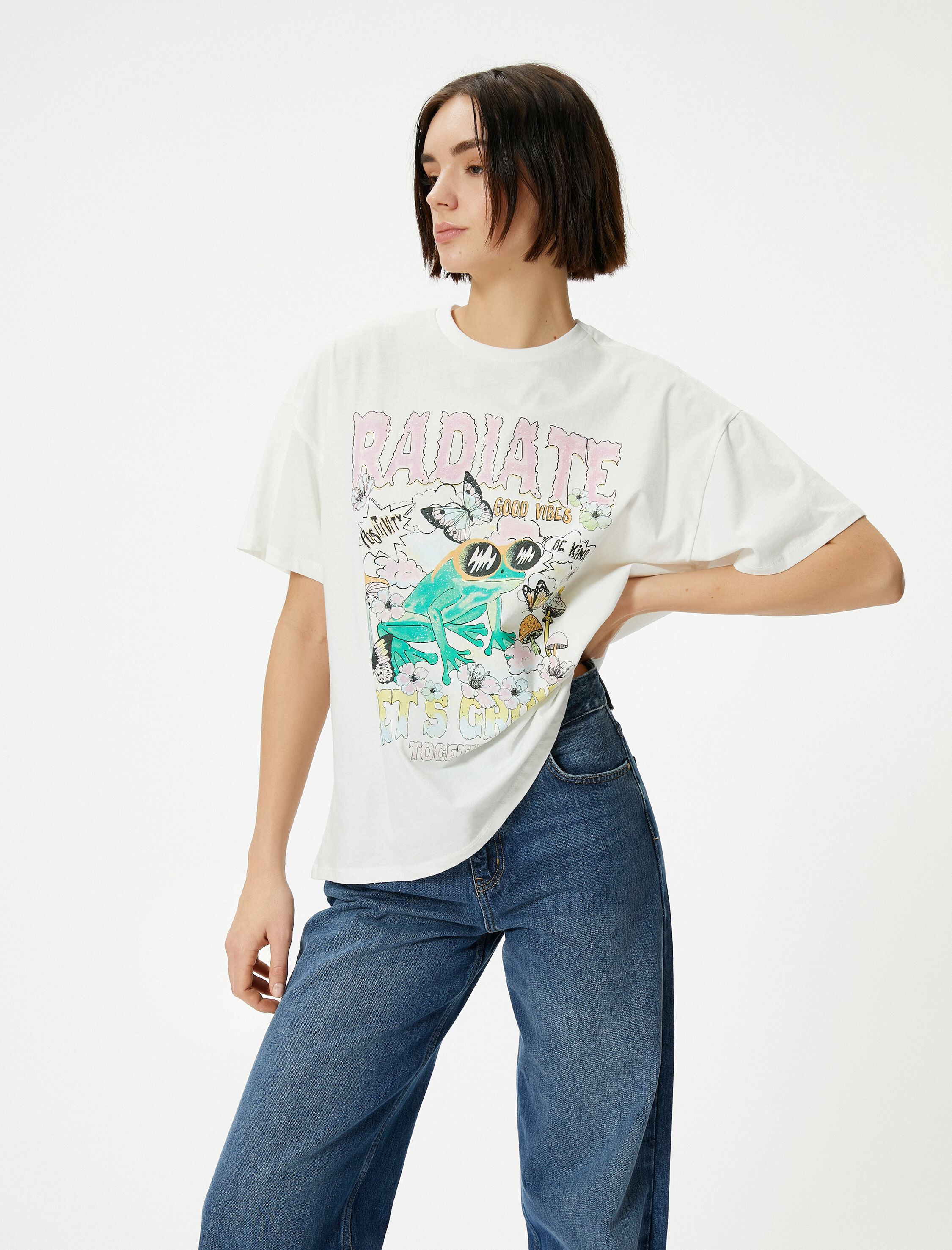   Kurbağa Baskılı Tişört Rahat Kalıp Kısa Kollu Baskılı Pamuklu