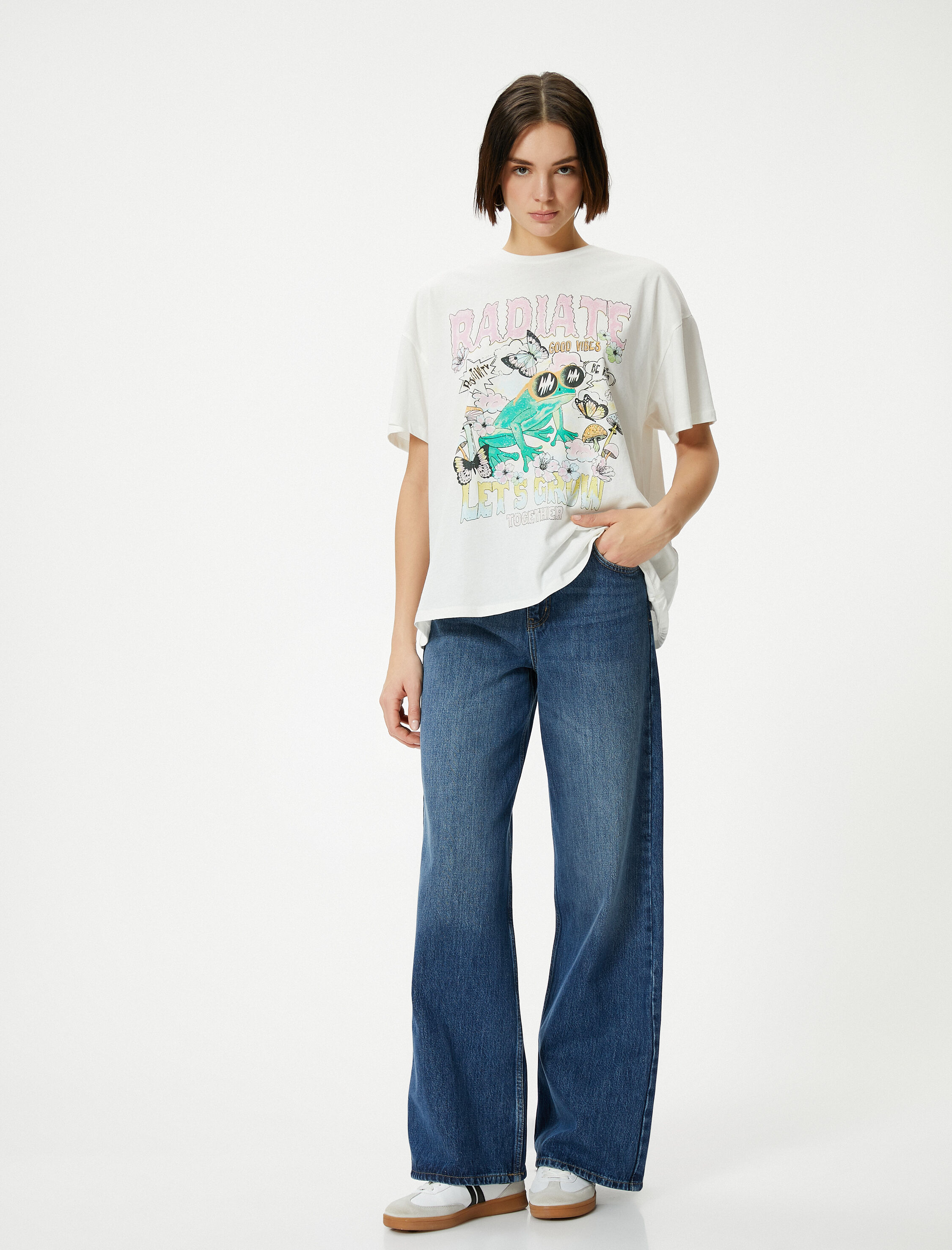   Kurbağa Baskılı Tişört Rahat Kalıp Kısa Kollu Baskılı Pamuklu