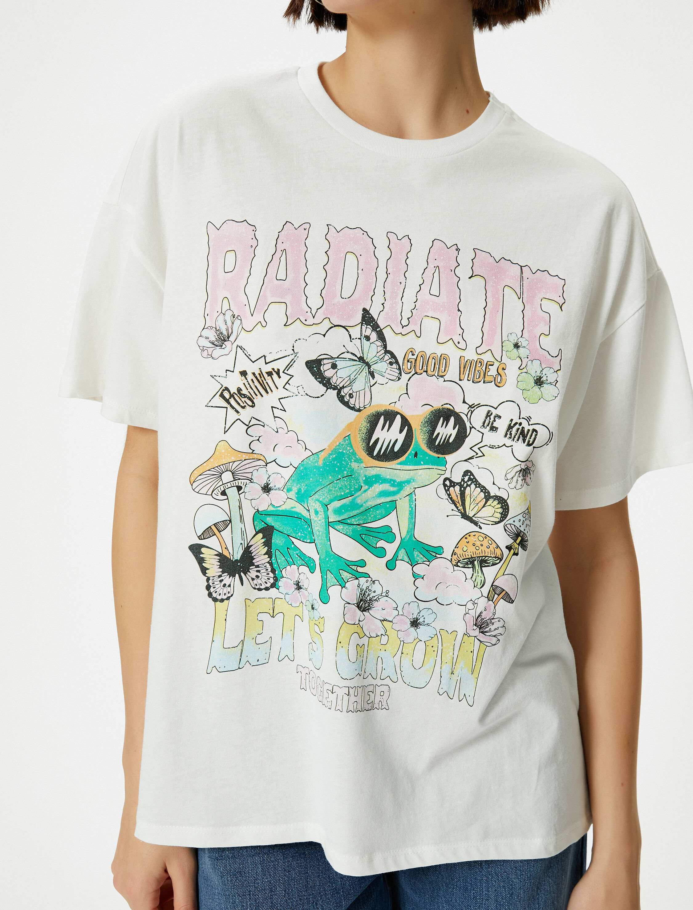   Kurbağa Baskılı Tişört Rahat Kalıp Kısa Kollu Baskılı Pamuklu