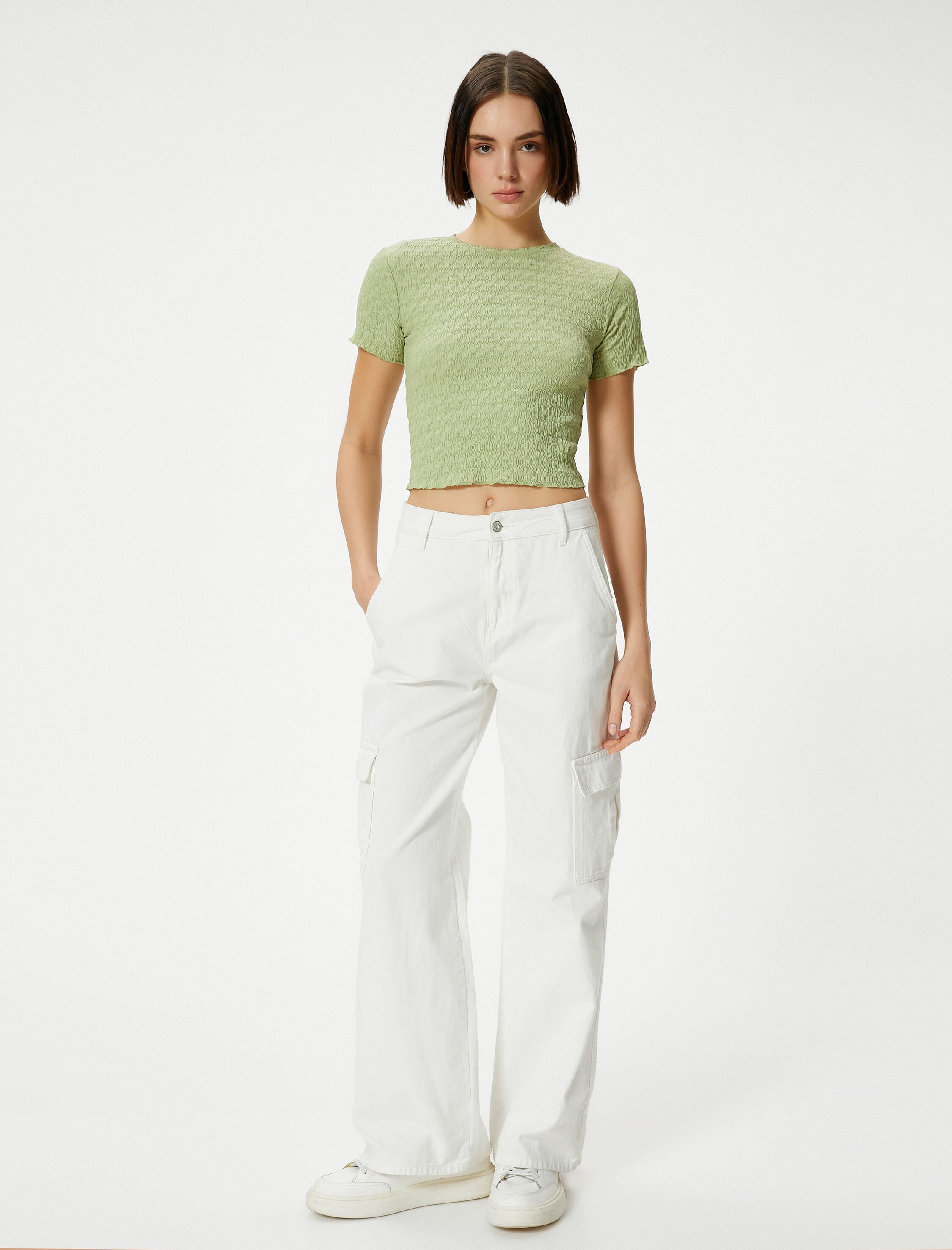 Dokulu Crop Tişört Kısa Kollu Bisiklet Yaka Slim Fit Bürümcük