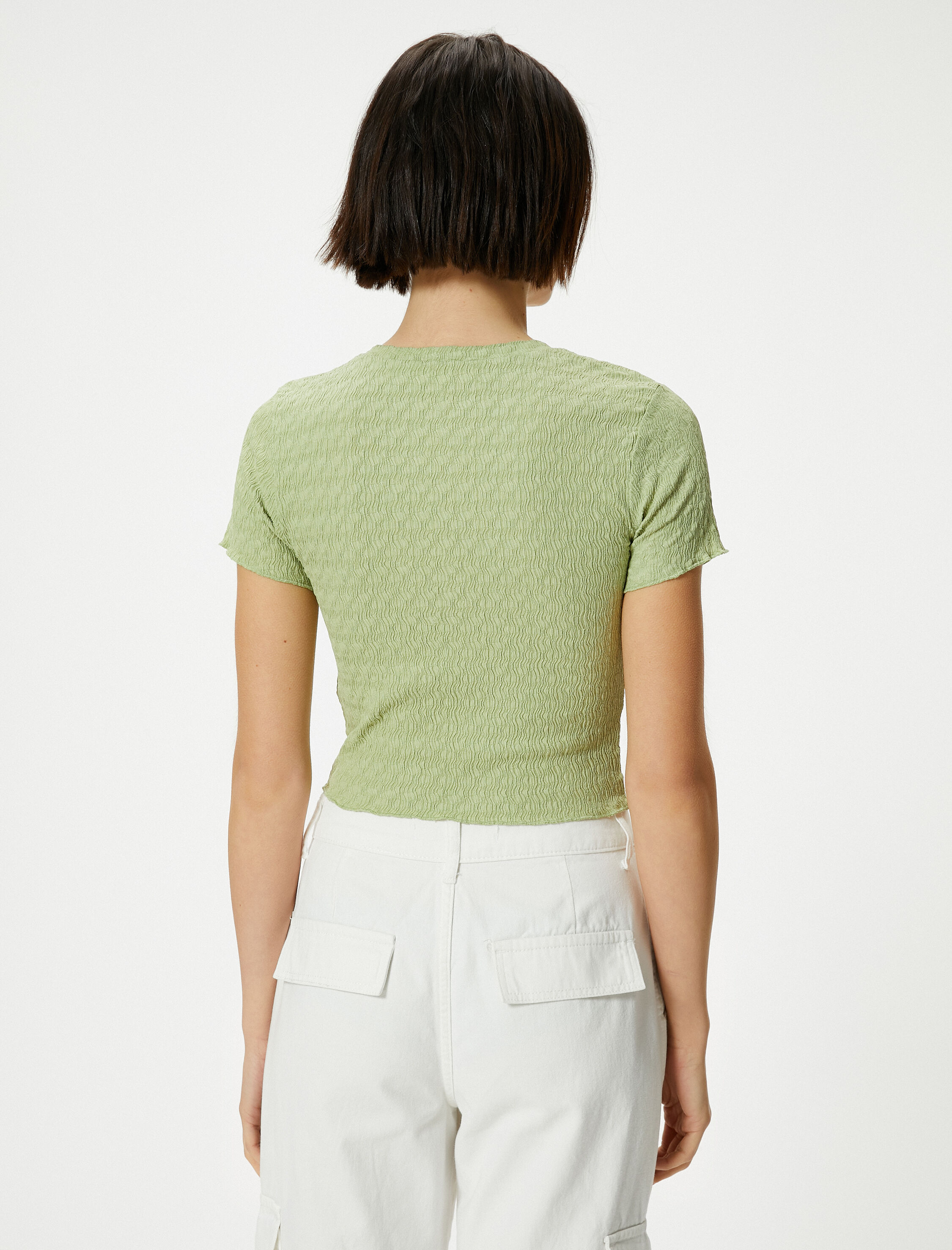 Dokulu Crop Tişört Kısa Kollu Bisiklet Yaka Slim Fit Bürümcük