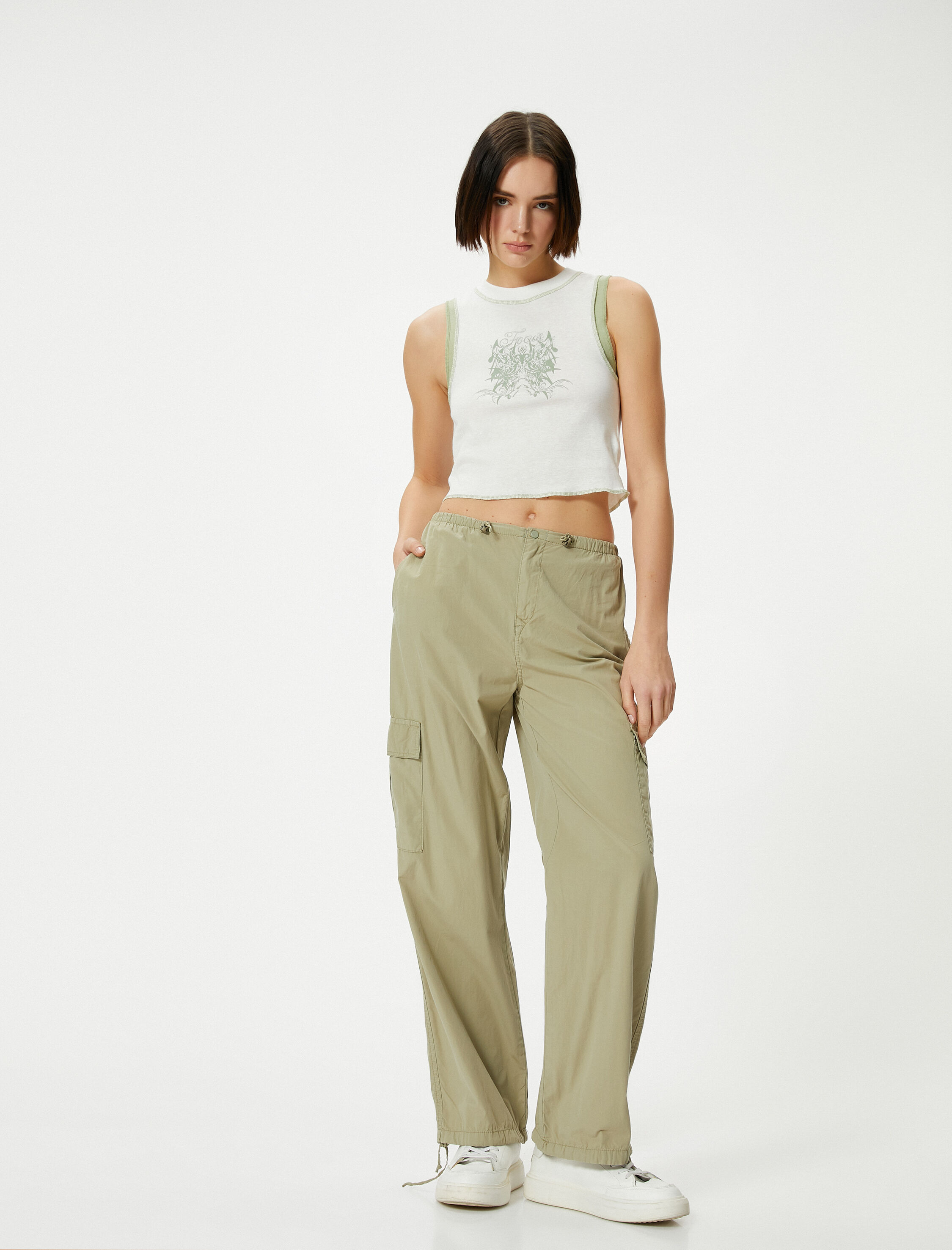   Crop Atlet Bisiklet Yaka Baskılı Pamuklu